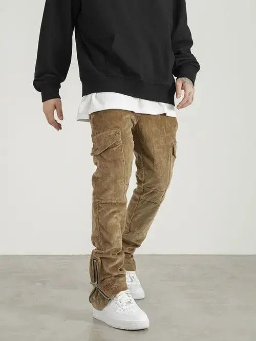 Japanese Brand Khaki Corduroy Zip Flare Leg Cargo Pants Trousers Size US 36 / EU 52 - 3 Thumbnail