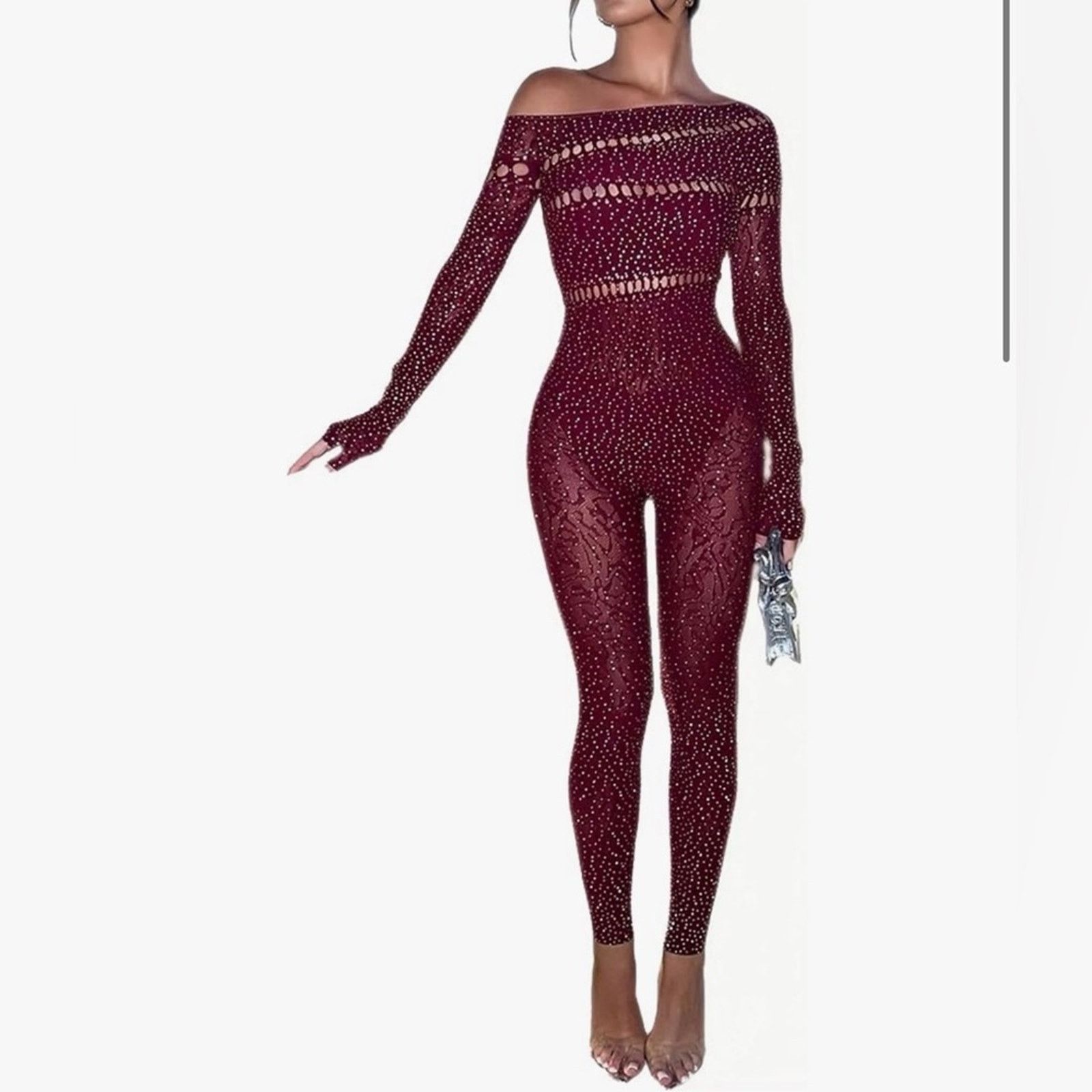 Other New Chic Off-Shoulder Burgundy Jumpsuit one size Size ONE SIZE - 1 Thumbnail