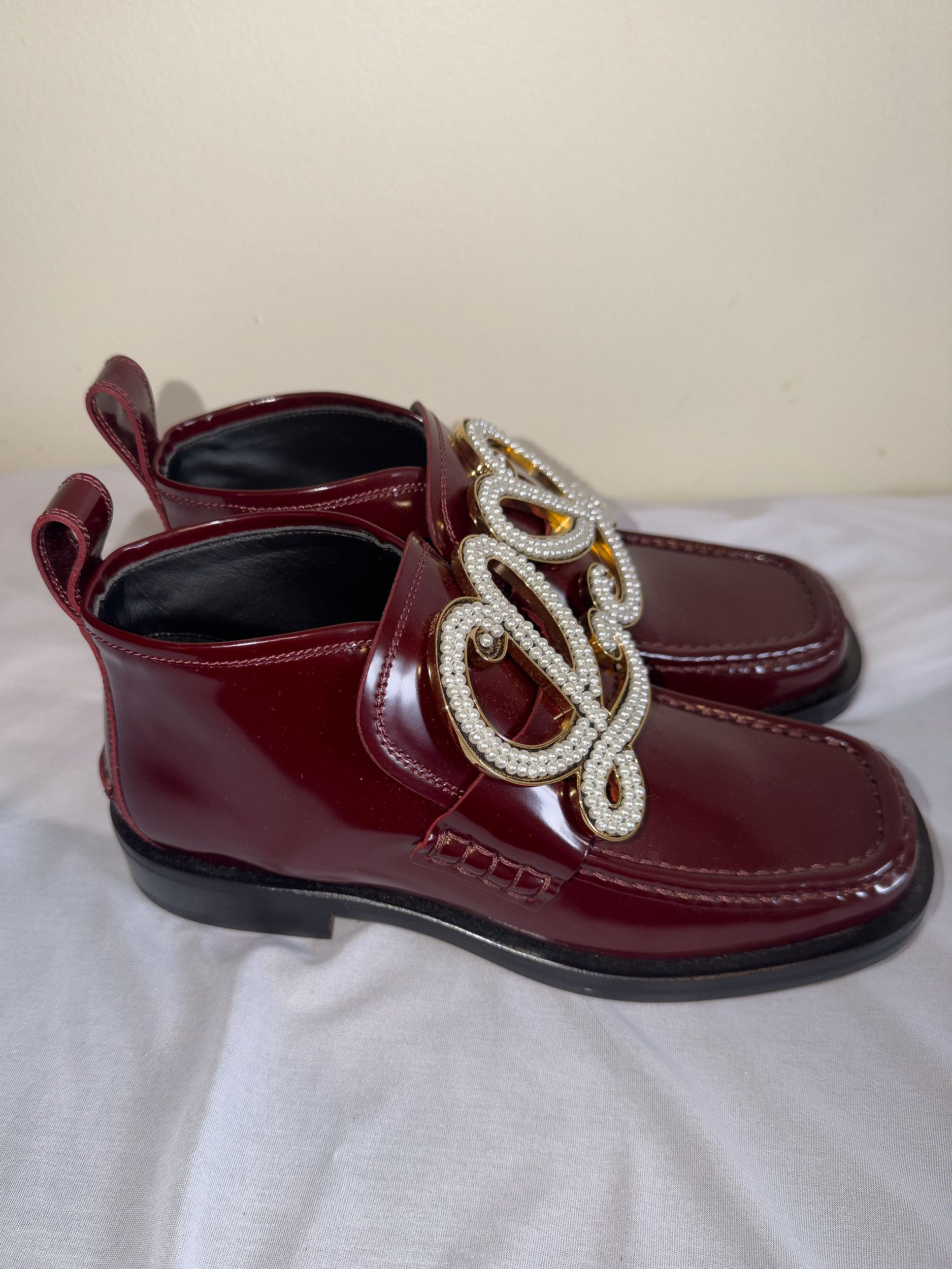 Loewe Loewe Burgundy Leather Pearl Buckle Ankle Boots Size US 6 / IT 36 - 2 Thumbnail