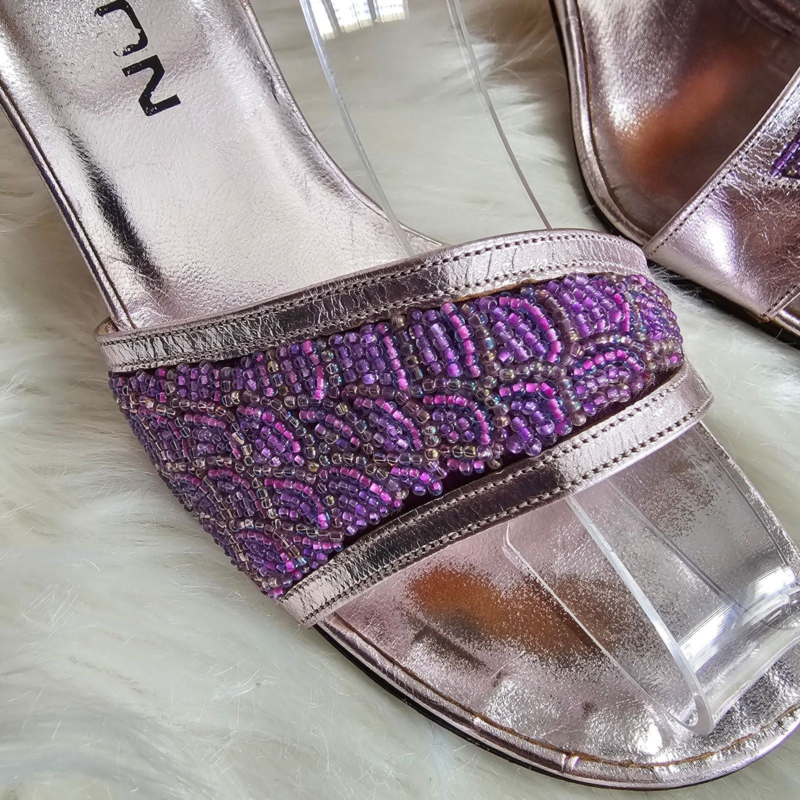 Halston EUC VTG HALSTON Lavander Beaded Metallic Heel Sandals 7.5 Size US 7.5 / IT 37.5 - 7 Thumbnail