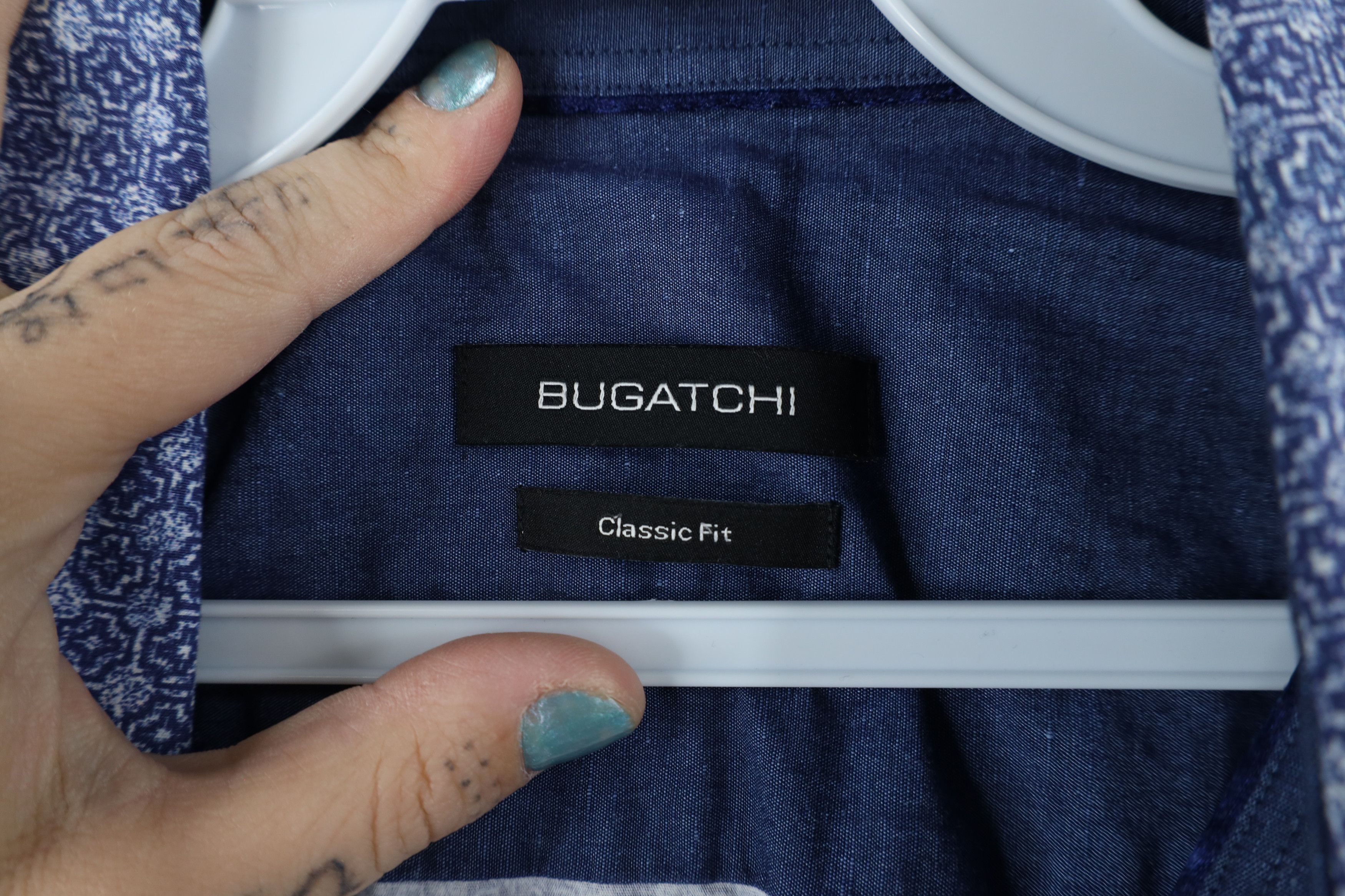 Vintage Bugatchi Uomo Geometric Collared Button Shirt Blue Cotton Size US XXL / EU 58 / 5 - 6 Thumbnail