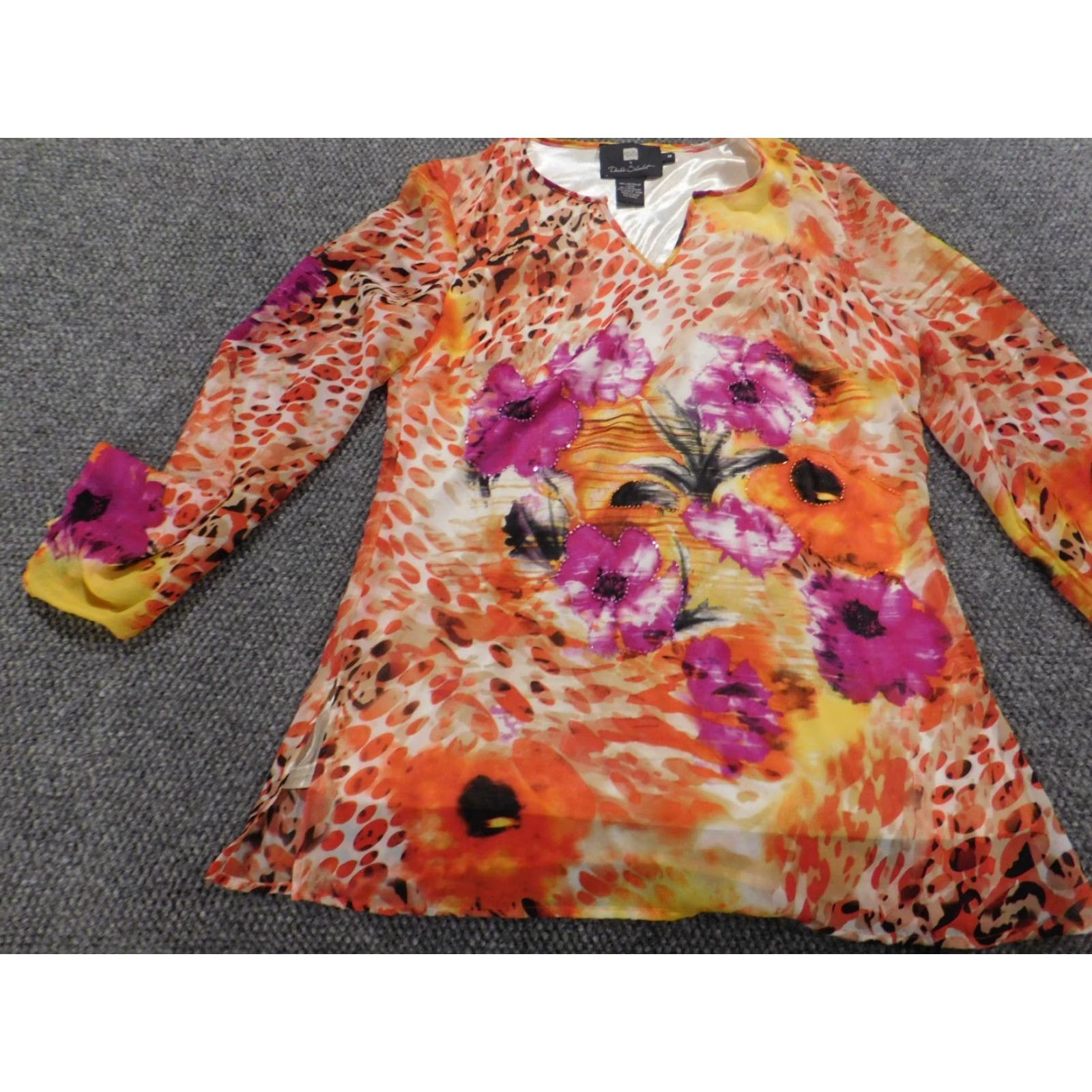 Vintage Debbie Shuchat Blouse Womens Medium orange floral stretch pullover Size M / US 6-8 / IT 42-44 - 3 Thumbnail