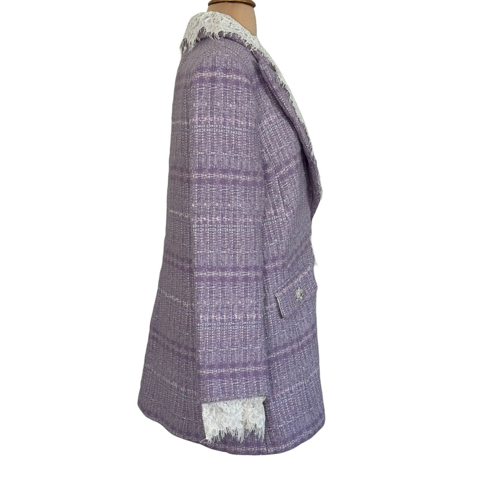 Other MARIE ELIE Lavender Tweed Wool Lace Designer Blazer Metallic Size L / US 10 / IT 46 - 6 Thumbnail