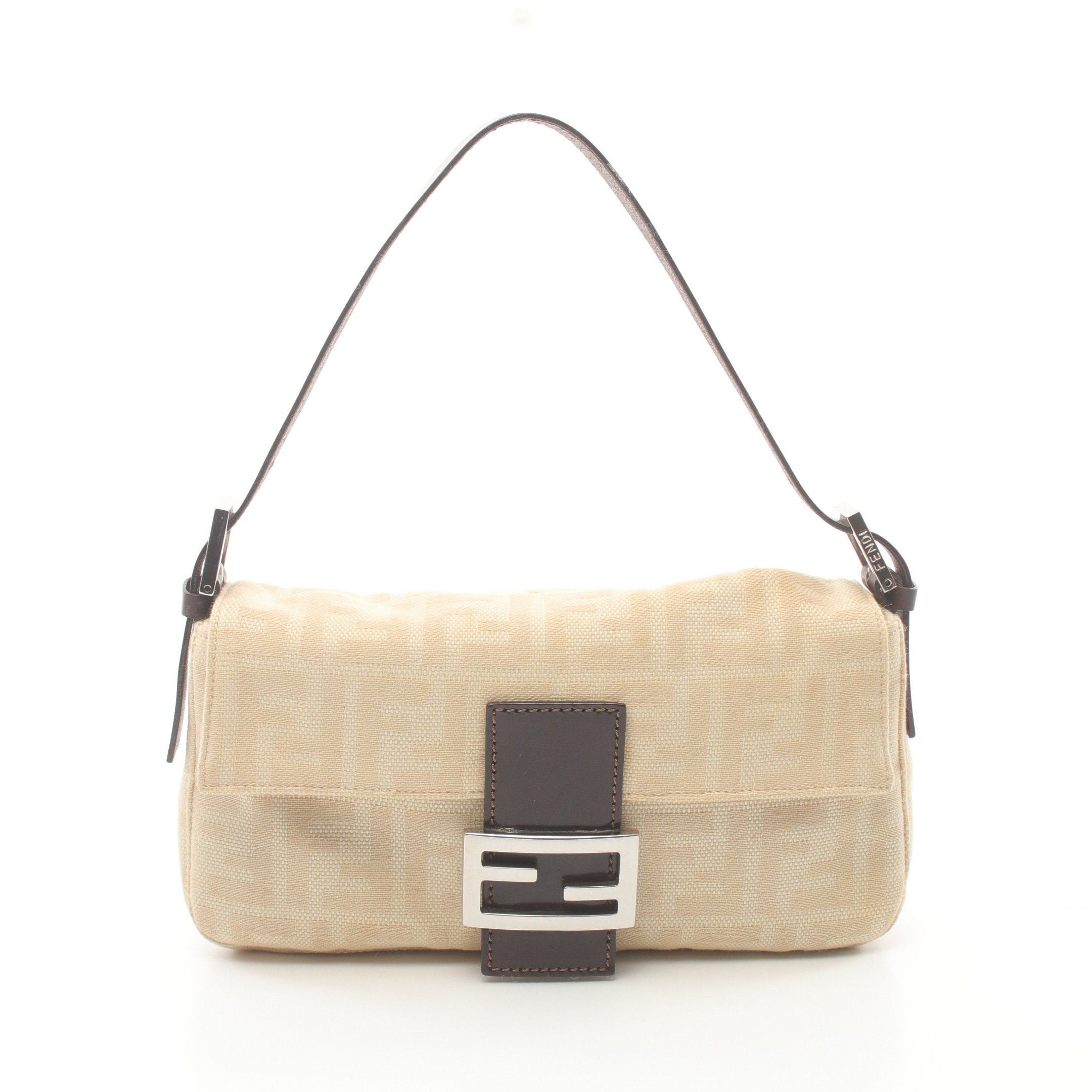 Fendi Mamma Bucket Handbag Canvas Leather Beige Dark Brown