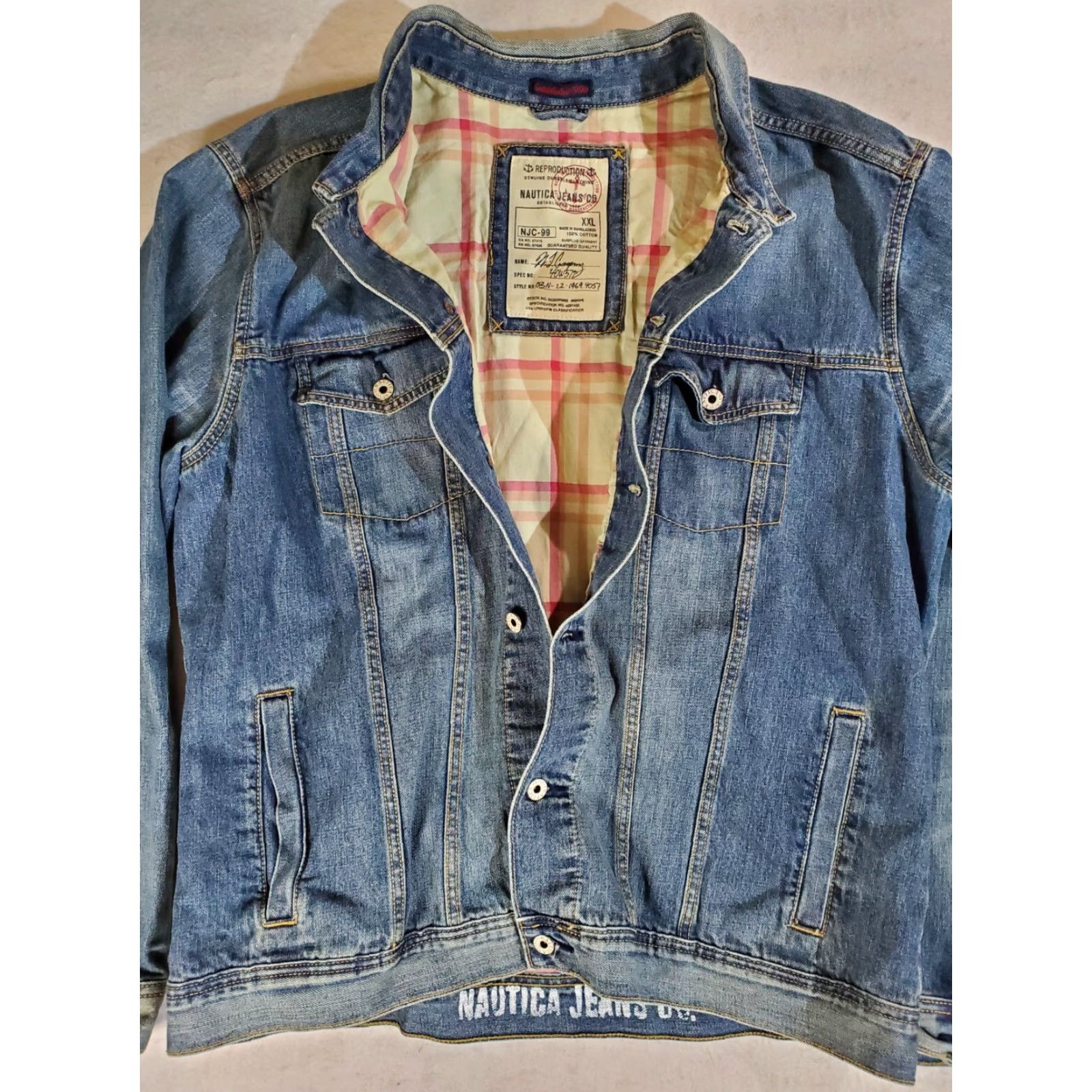 Nautica VINTAGE Nautica Denim Trucker Jacket Plaid Flannel Lined Mens 2XL Distressed Jacket Size US XXL / EU 58 / 5 - 6 Thumbnail