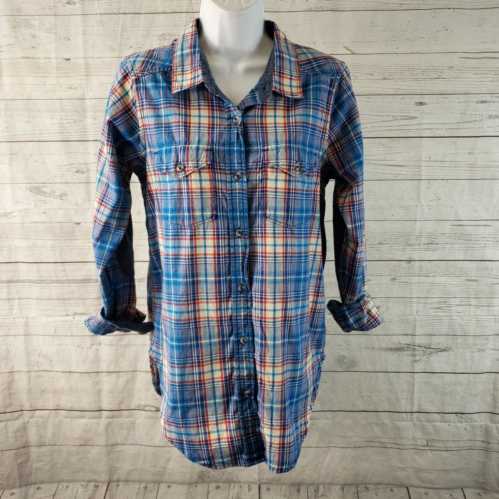 KAVU Kavu Button Front Shirt Blue Plaid Cotton Size S Women Long Sleeve Size S / US 4 / IT 40 - 2 Thumbnail