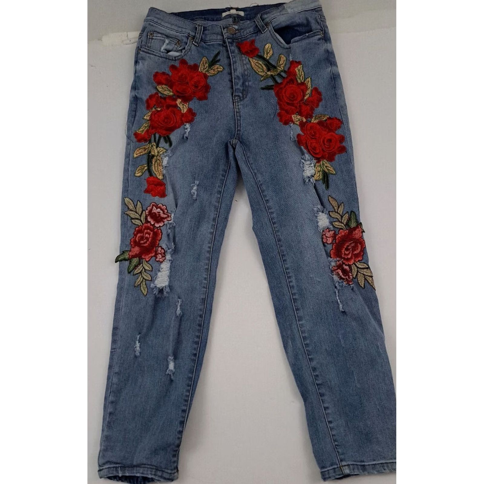 Vintage jella c. Jeans Women Regular Medium Blue Embroidered Rose Stressed Flower Print Bootcut Denim Inseam 25 in Stretch Breathable Zip 28 in Waist Size 32" / US 10 / IT 46 - 2 Thumbnail