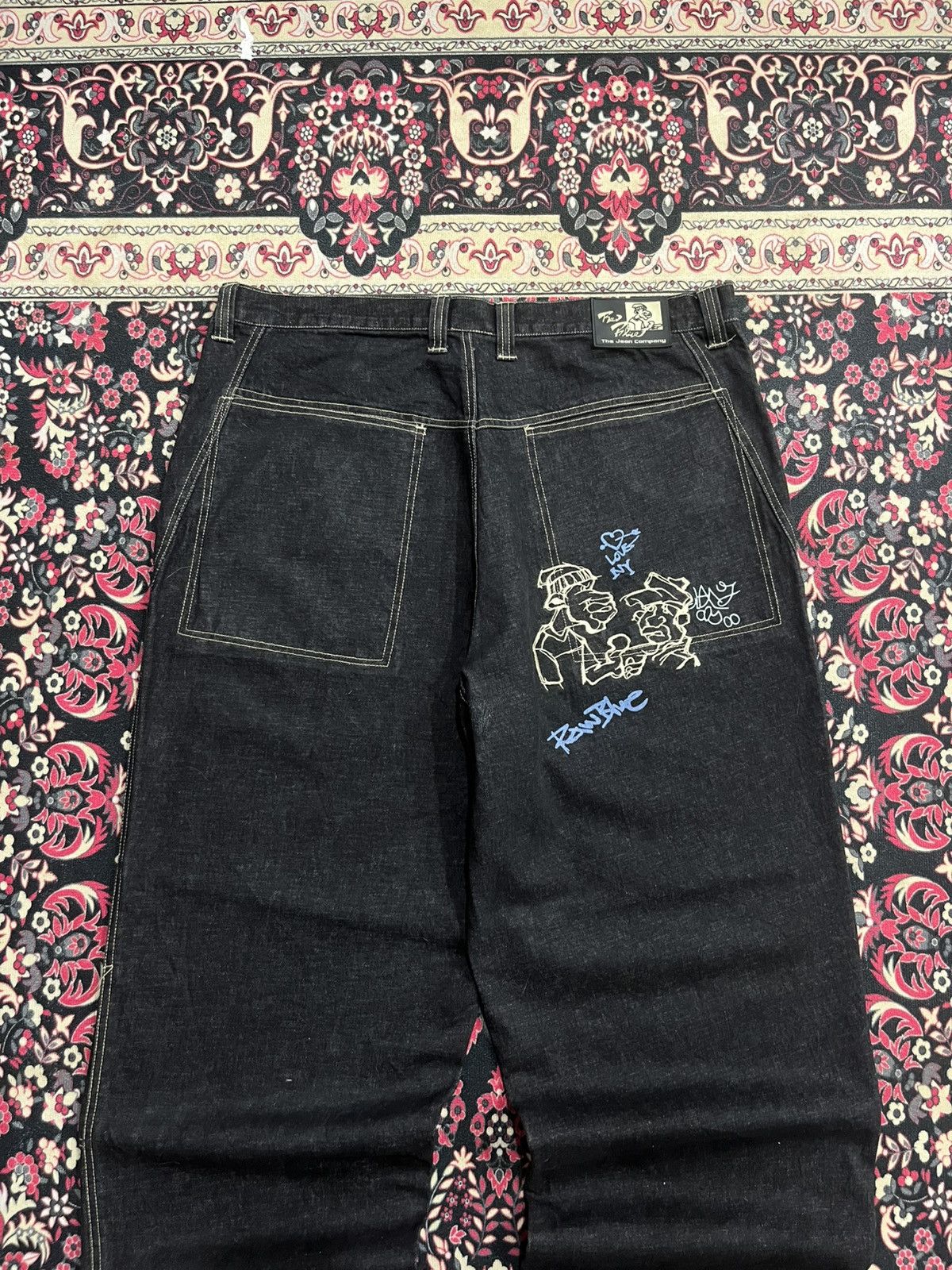 JNCO ⚡️Baggy⚡️Vintage Raw Blue Company Dark Washed Graffiti Jeans Size US 42 / EU 58 - 6 Thumbnail