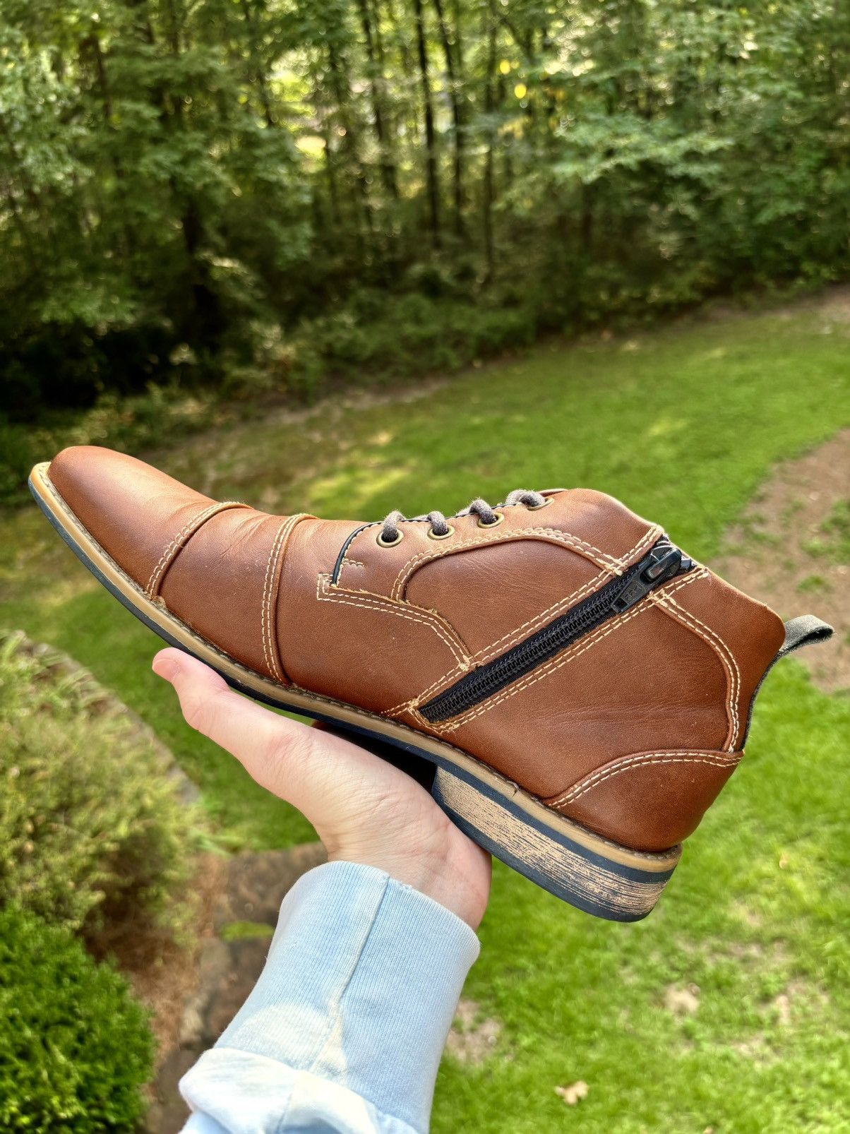 Apt. 9 × Designer Brown Leather Ankle Boots Apt 9 Cap Toe Zipper Cognac & Navy Size US 8 / EU 41 - 11 Thumbnail