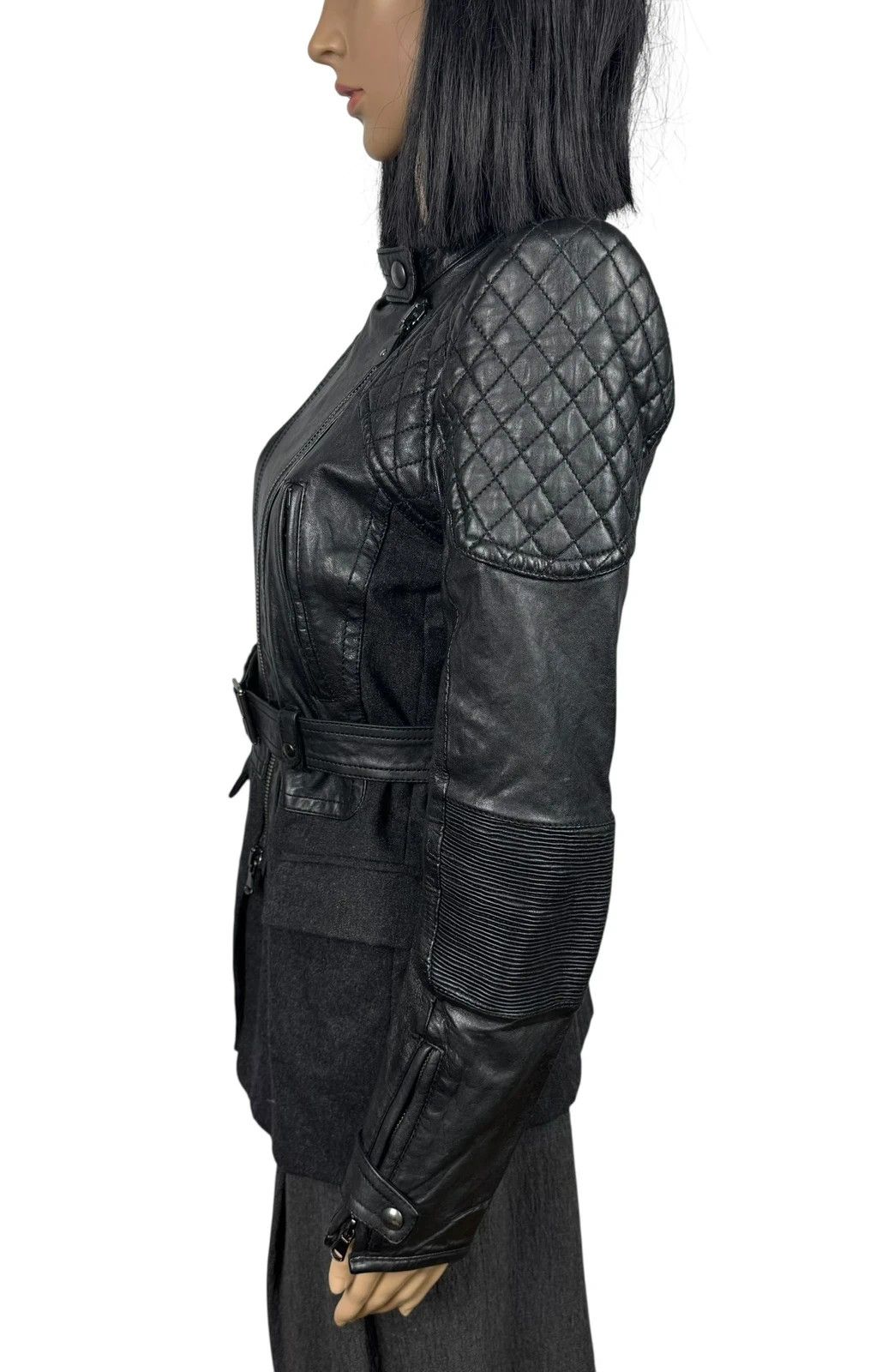Diesel Black Gold Biker Belted Jacket Leather Wool size 40