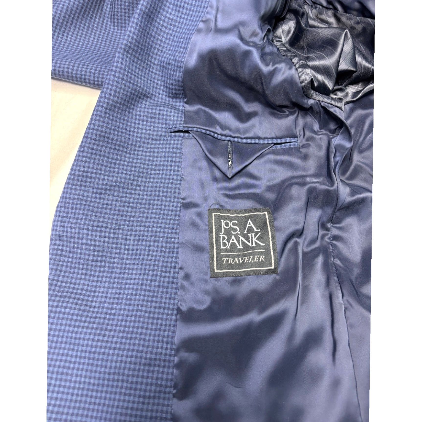 Vintage VINTAGE? No — JOS A BANK NavY Blue Check Traveler Wool Sport Coat Blazer, 40 Regular, Men, Suit Jacket Size 40R - 7 Thumbnail