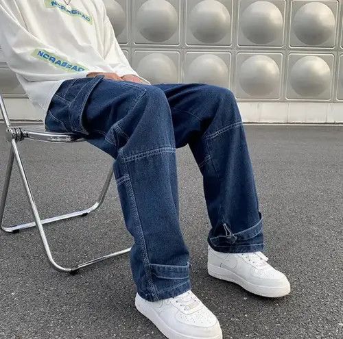 image of Distressed Denim Blue Color Straight Baggy Denim Pants, Men's (Size 33)