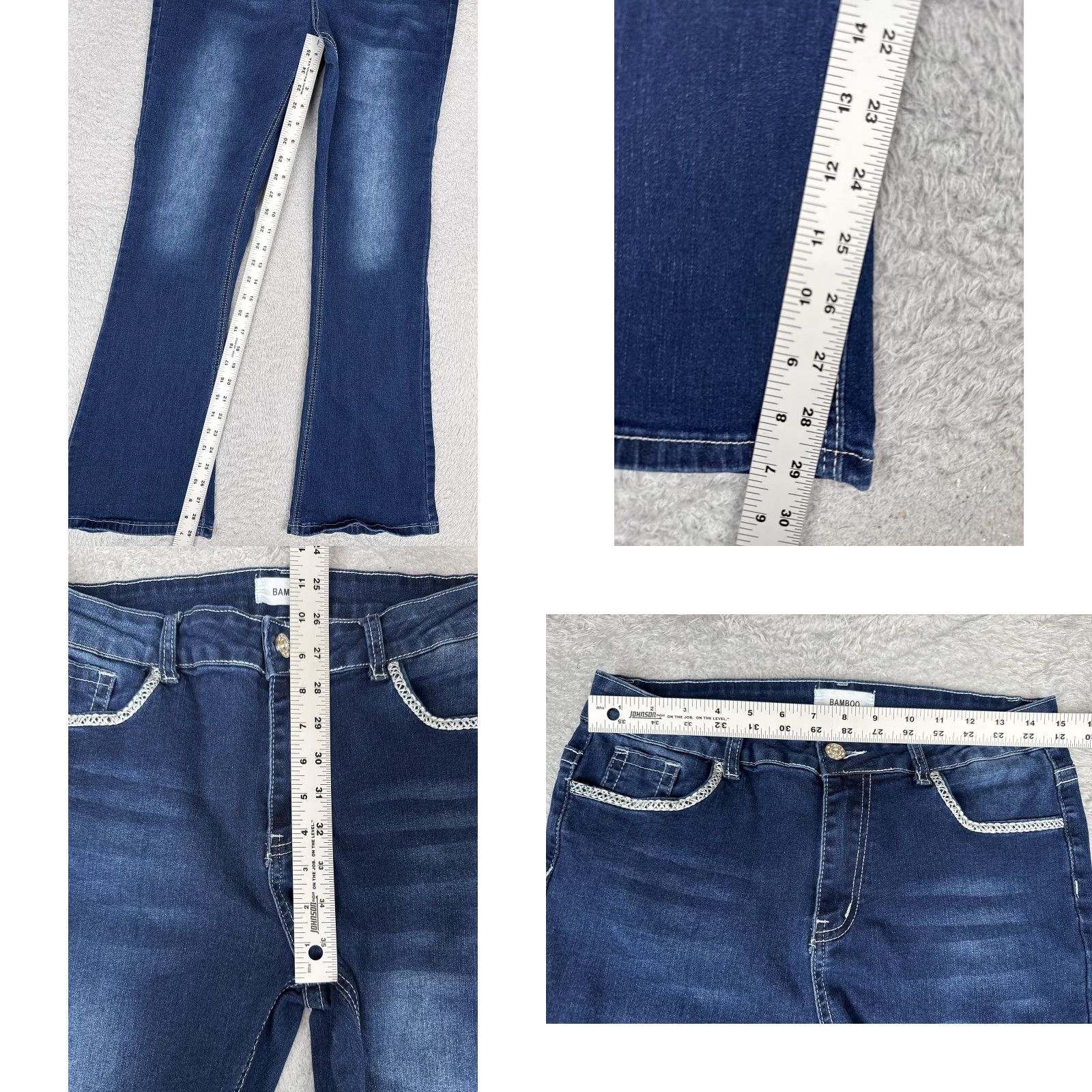 Vintage Bamboo Jeans Juniors 13 Blue Medium Wash Mid Rise Flare Crochet 30x30 Denim Size 34" / US 12 / IT 48 - 8 Thumbnail