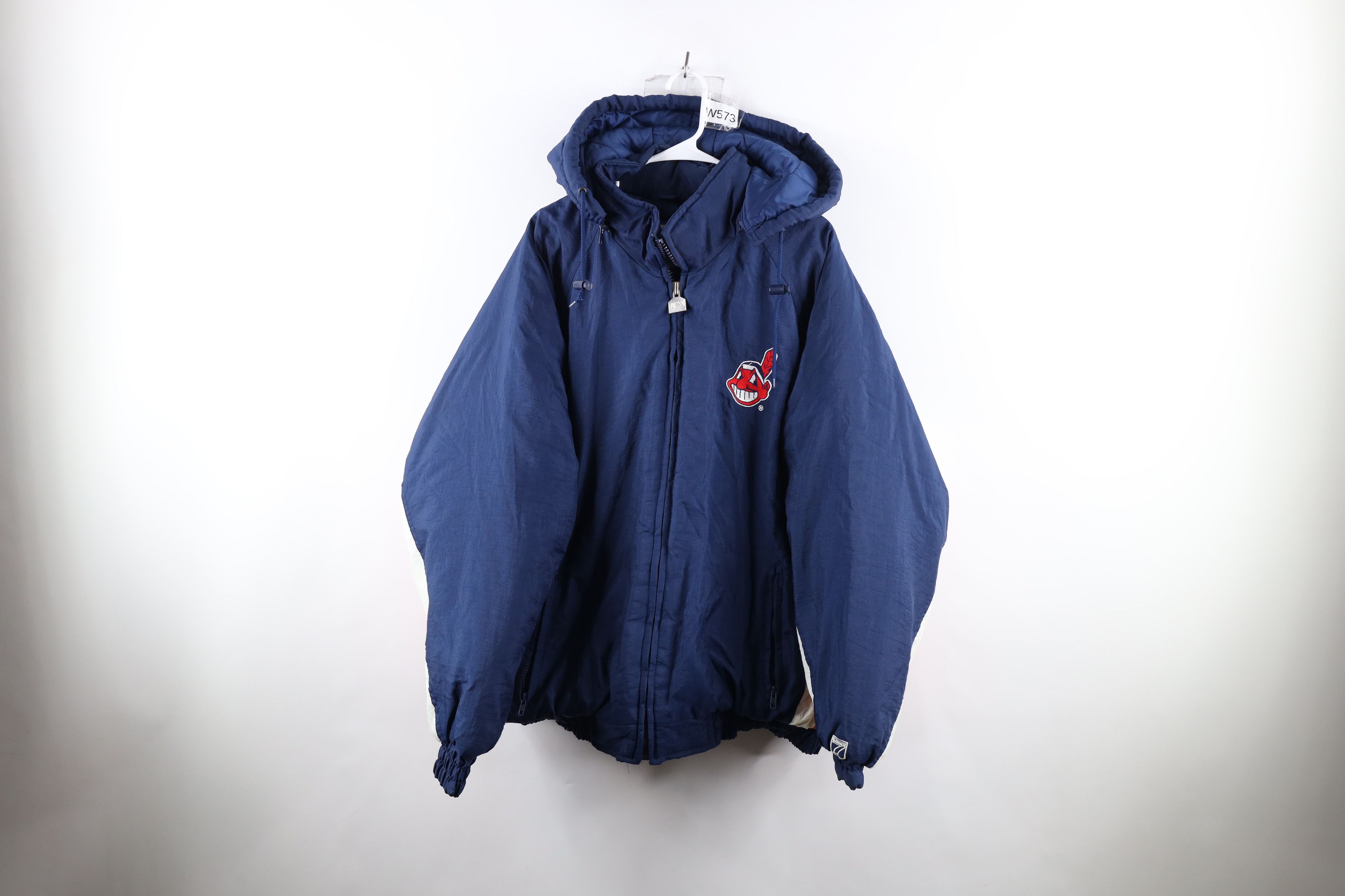 image of Vintage 90's Cleveland Indians Baseball Hooded Puffer Jacket, Men's (Size 2XL)