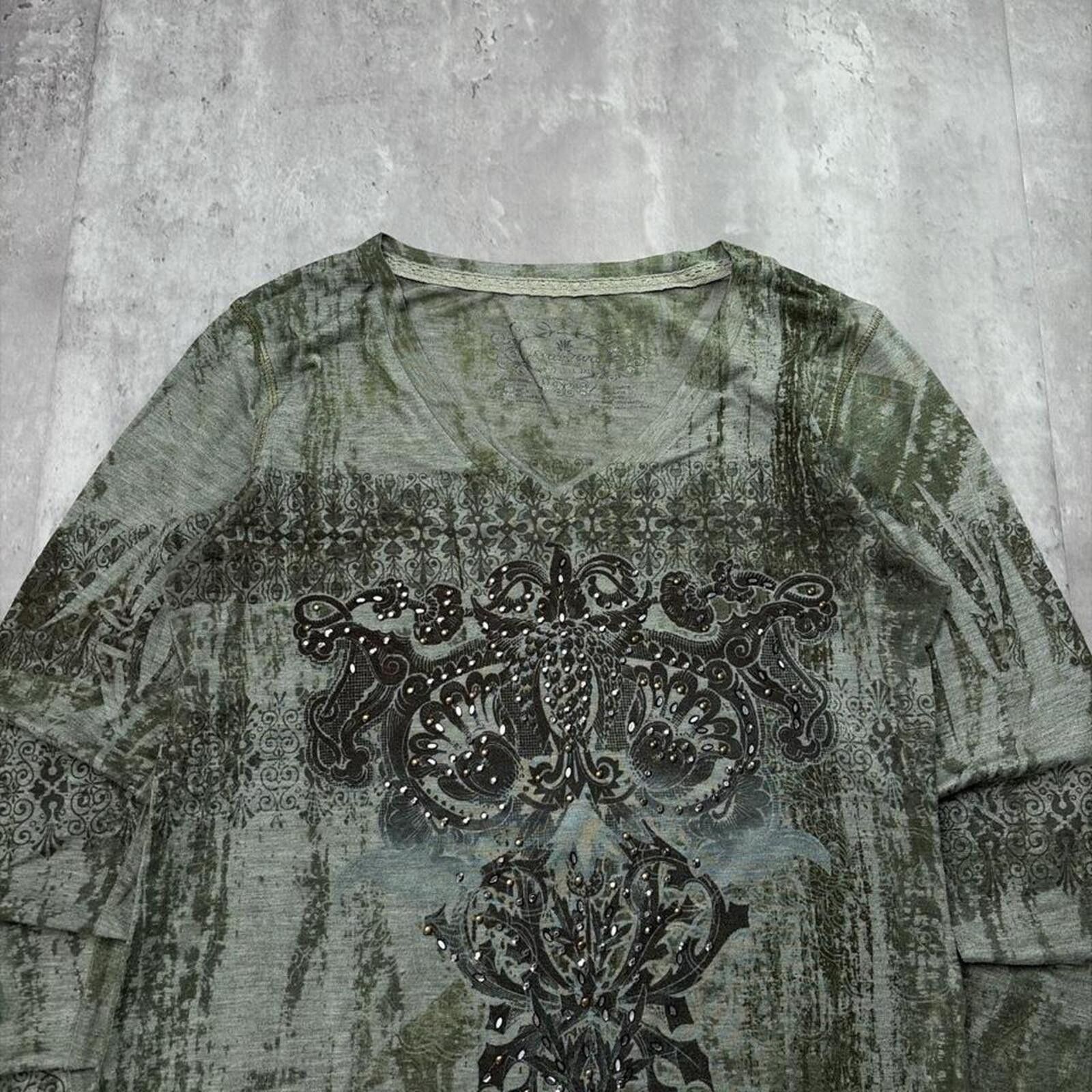 Other Y2K Green Source Grunge Gothic Embellished Long Sleeve Shirt Size M / US 6-8 / IT 42-44 - 3 Thumbnail