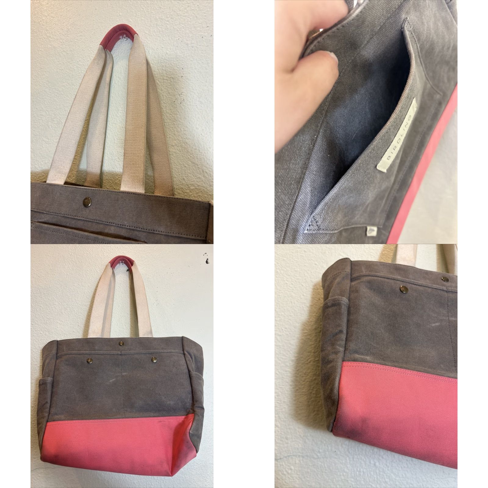 Vintage BIRDLING Tote Bag Medium Canvas Gray Pink Shoulder Interior Pouch 14x11x7 Unisex Adults Large Gray Hardware Pockets Size ONE SIZE - 8 Thumbnail