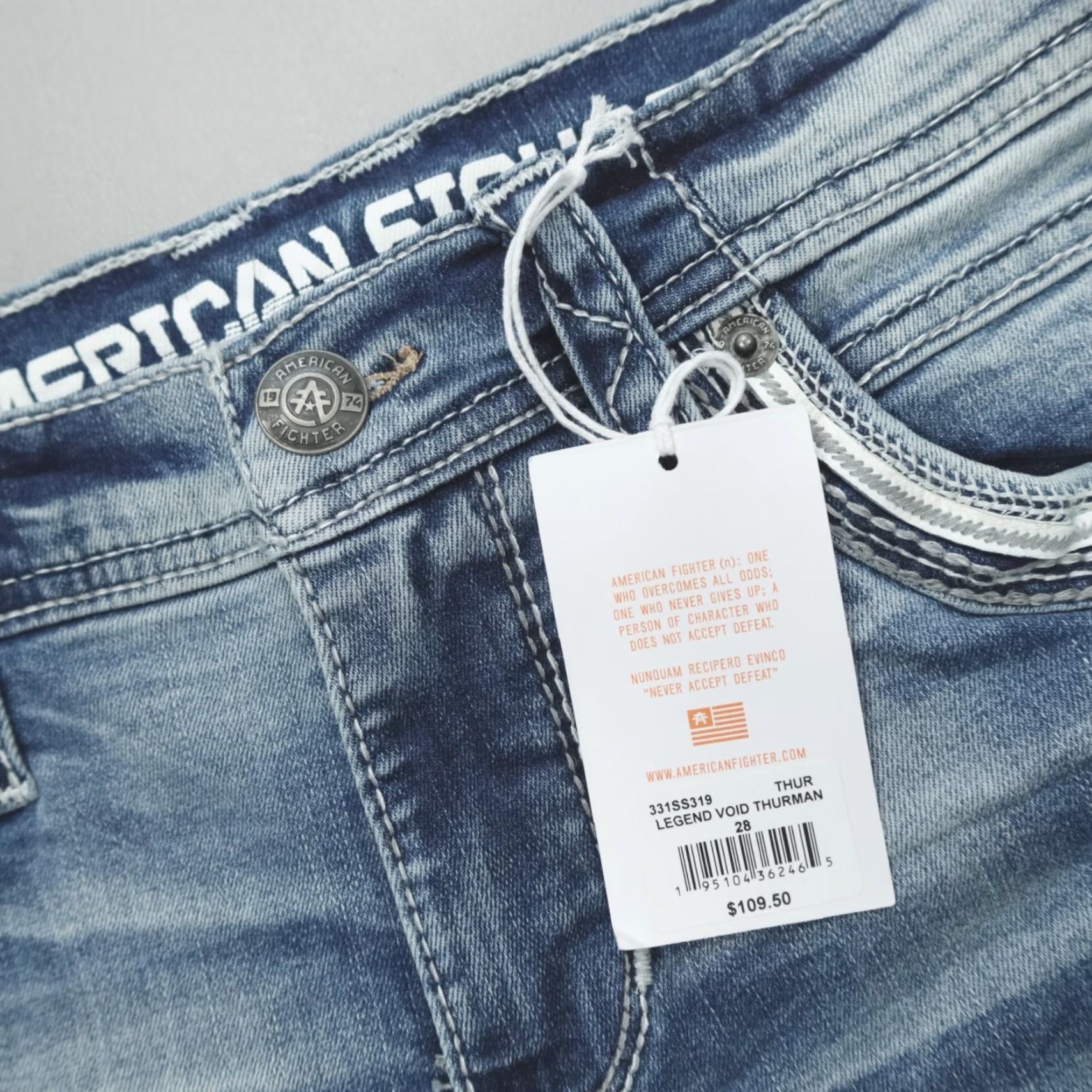 Vintage American Fighter Jeans Slim Straight 28x32 Blue Denim Distressed 5-Pocket Mens 90s Theme Size US 28 / EU 44 - 2 Thumbnail