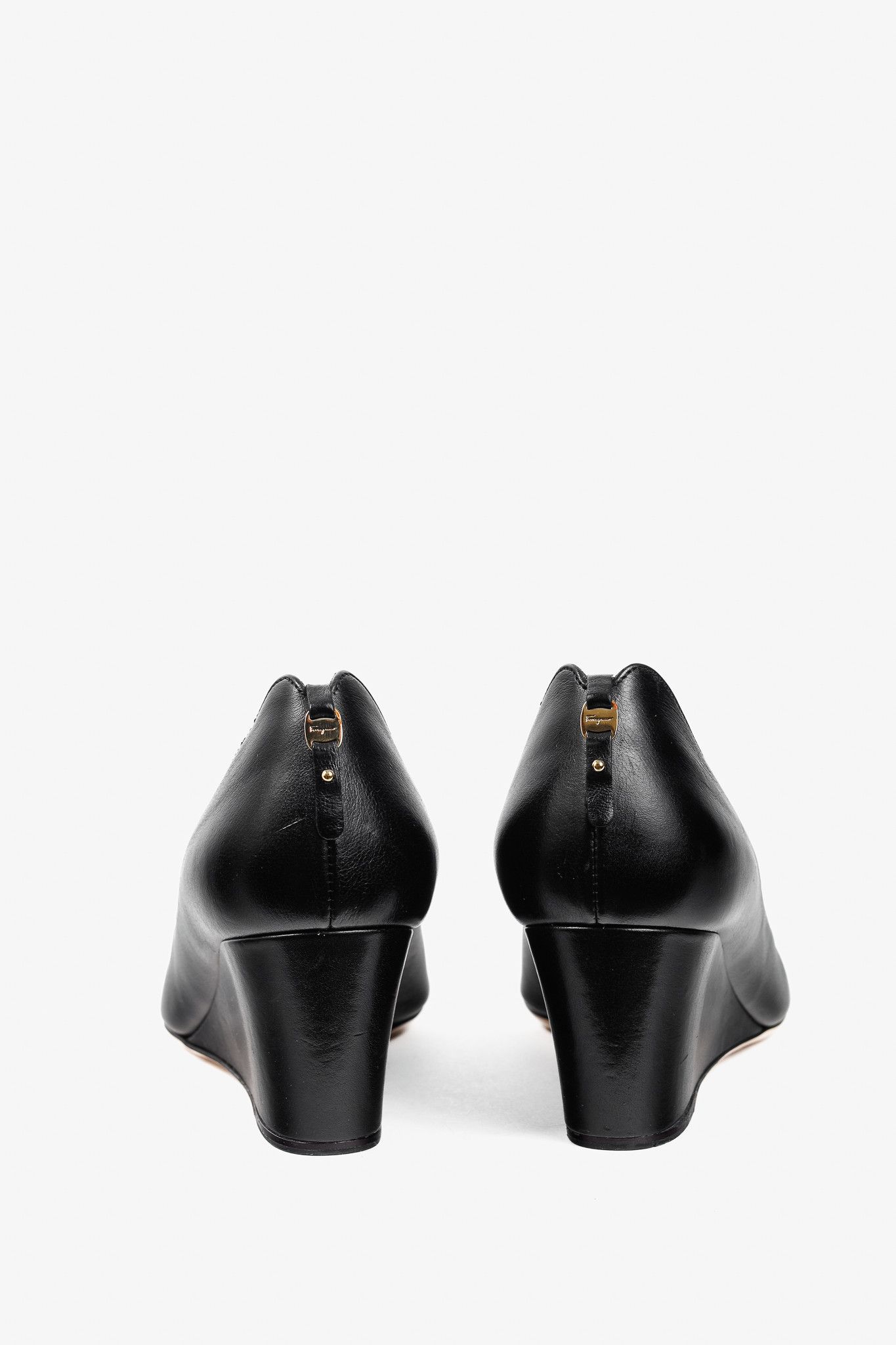 Salvatore Ferragamo Salvatore Ferragamo Pearlette Black Peep-Toe Wedge Heels Size US 6 / IT 36 - 3 Thumbnail