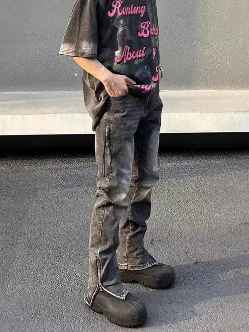 VIBE Street Washed Gray Grunge Side Zip Micro Flared Jeans Size US 32 / EU 48 - 5 Thumbnail