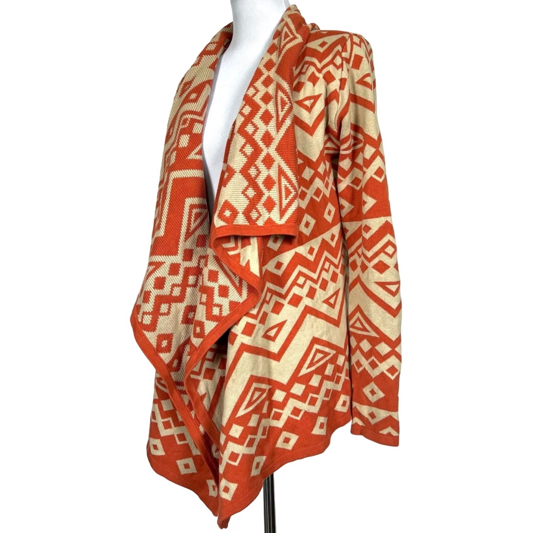 Vintage THML Cardigan Geometric Orange Beige Sweater Open Front Waterfall Women Sz S Size S / US 4 / IT 40 - 2 Thumbnail