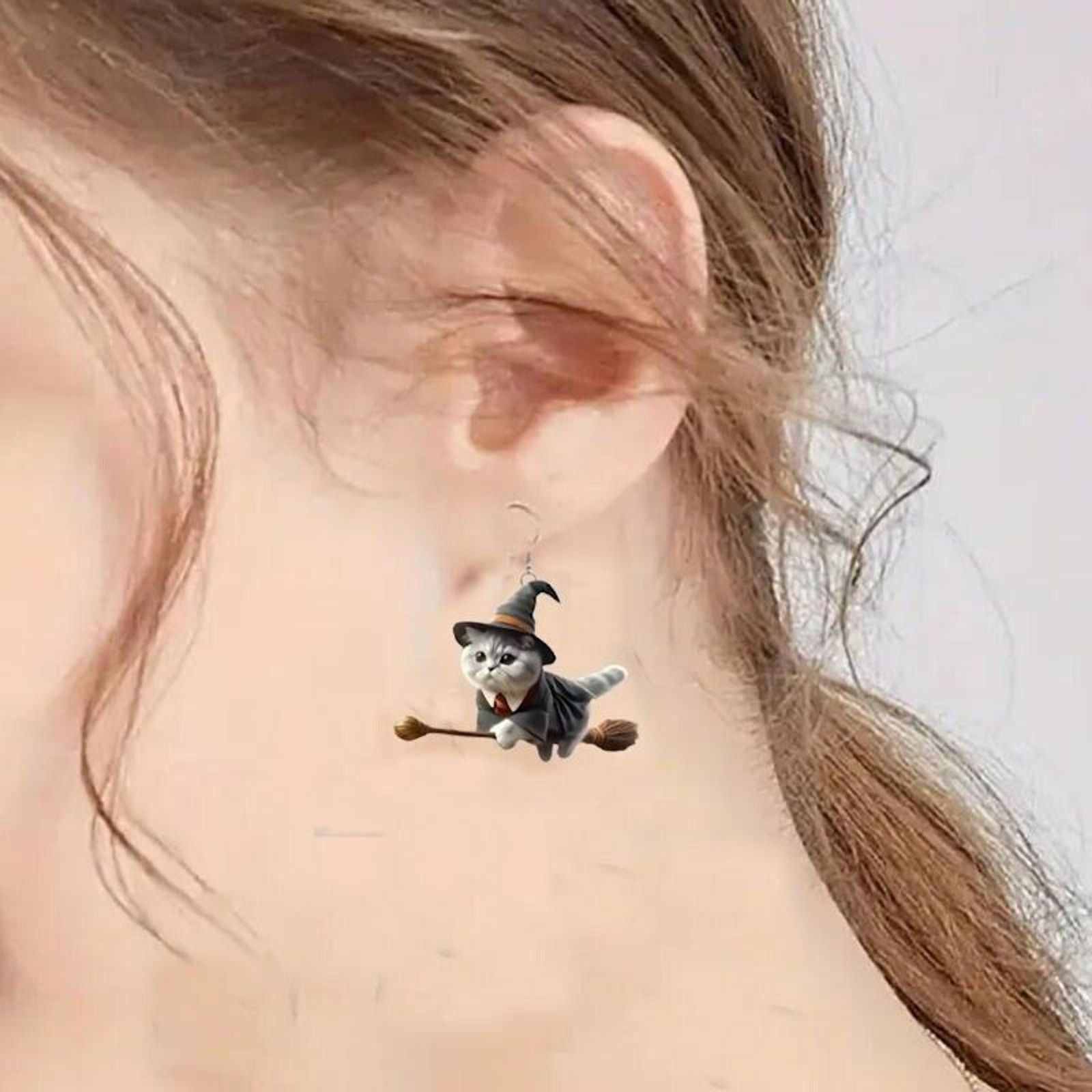 Other Halloween Witch Cat Riding a Broomstick • Acrylic Earrings Size ONE SIZE - 3 Thumbnail