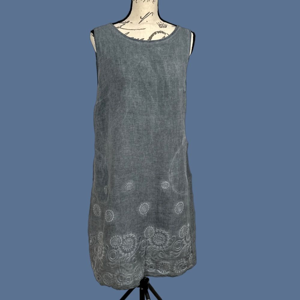 Vintage Lina Tomei Dress Women's Large Linen Embroidered Pockets Made in  Italy Grey Knee-Length Shift Tank Dress | Grailed