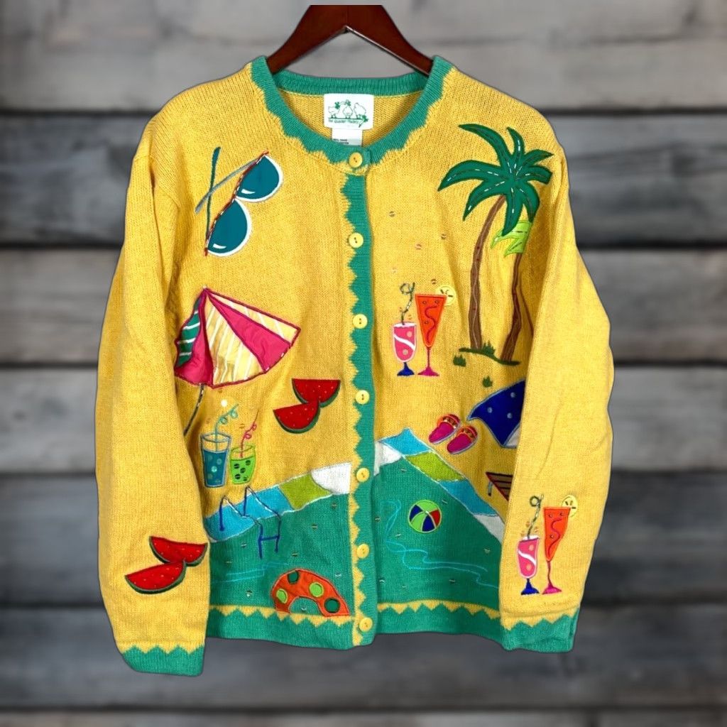 Quacker Factory Quacker Factory Beach Motif Cardigan Women's Large Yellow Chunky Knit Tropical Size L / US 10 / IT 46 - 1 Thumbnail