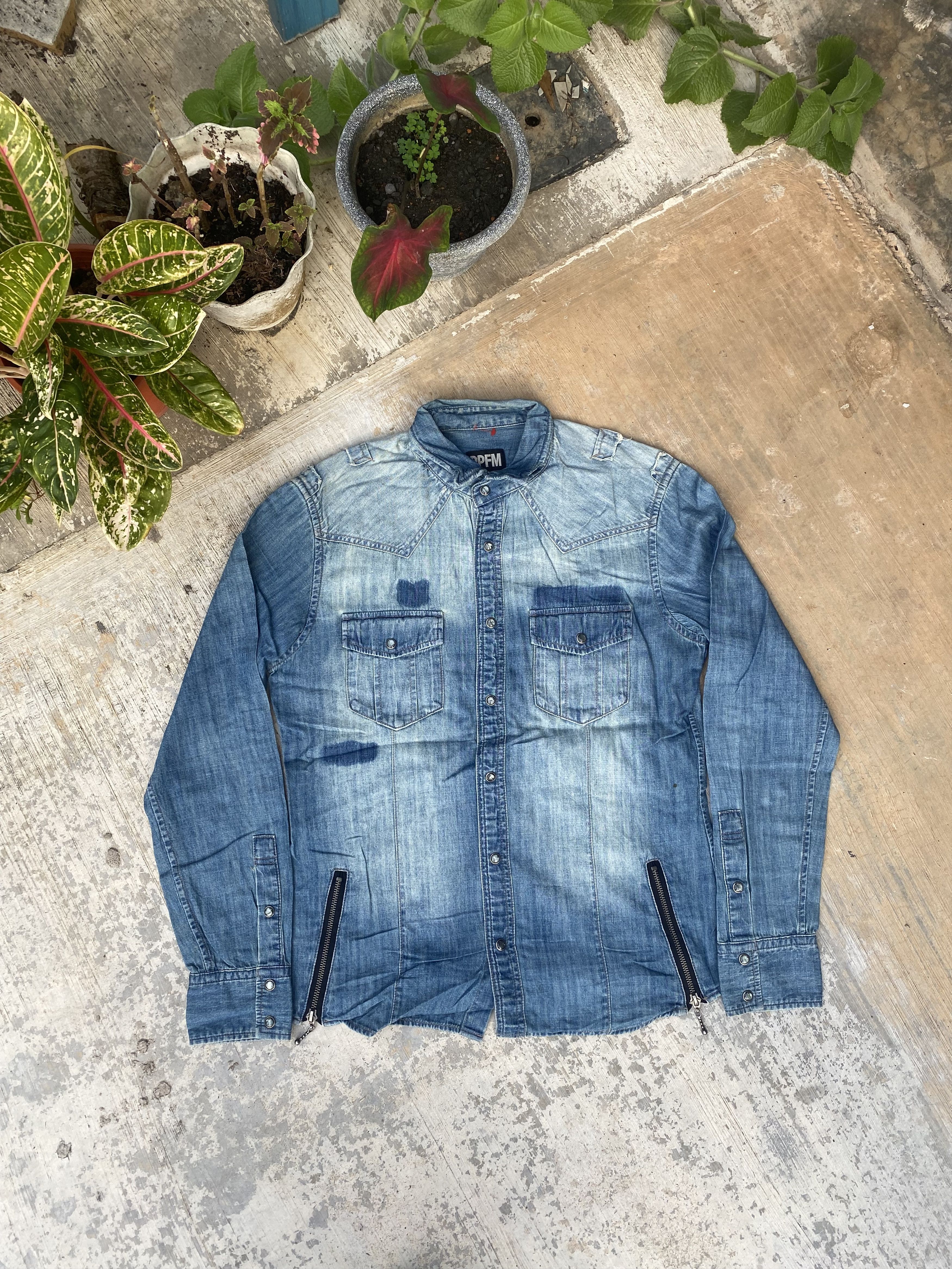 image of Designer Japanese Ppfm Sample Western Denim Shirt in Blue Stone Wash, Women's (Size Medium)