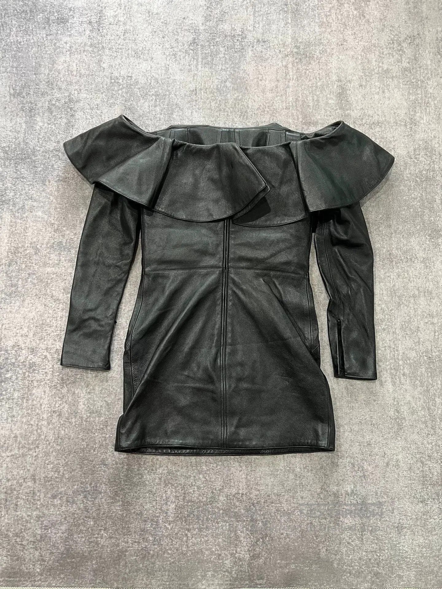 Saint Laurent Paris black leather ruffled dress by saint laurent. Size S / US 4 / IT 40 - 2 Thumbnail