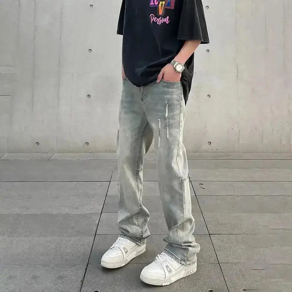 Japanese Brand Ripped Jeans Men Street Fashion Y2k Style Original Trousers Size US 32 / EU 48 - 1 Thumbnail