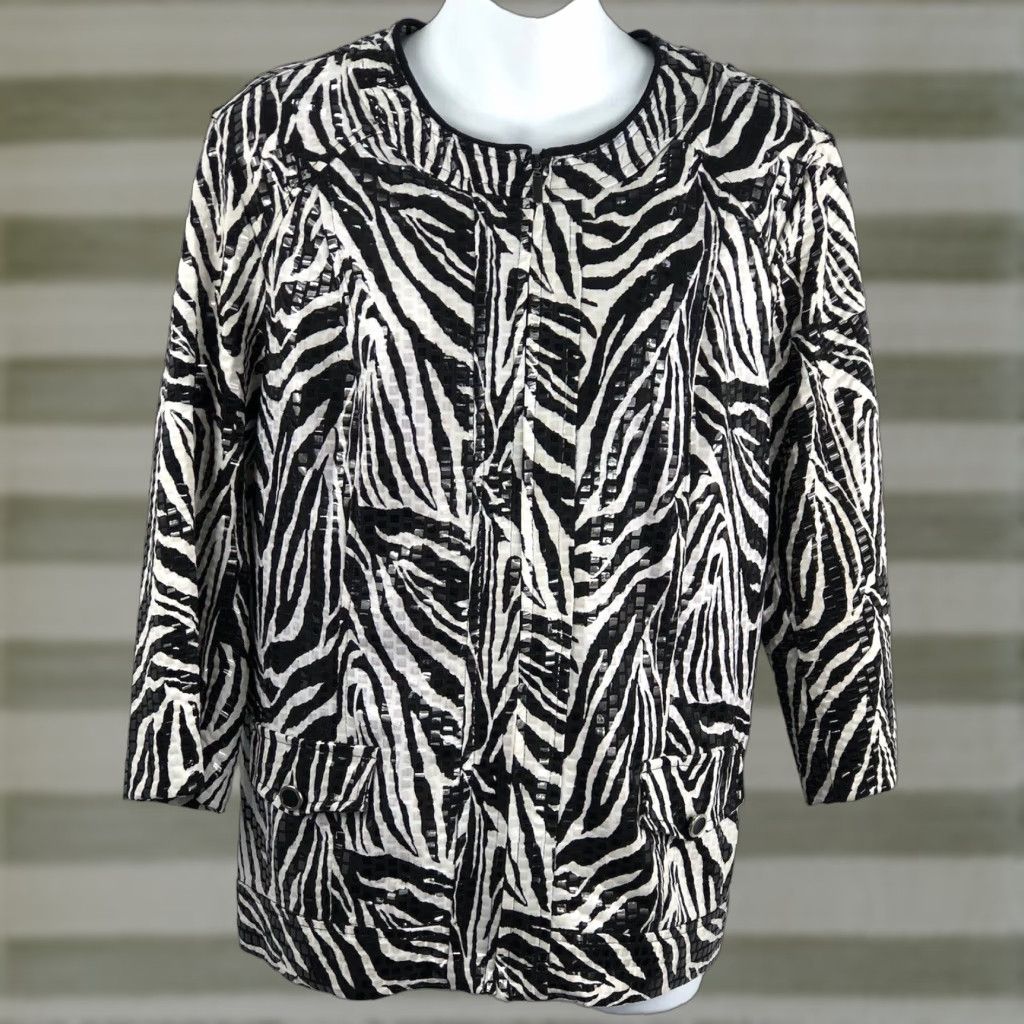 Element Elementz Jacket XL Black Zebra Sparkle 3/4 Sleeve Zip Up Pockets Button Mock White/Blk Zebra Pattern Womens XL Powder Sleek Knit Jacket Size XL / US 12-14 / IT 48-50 - 1 Thumbnail