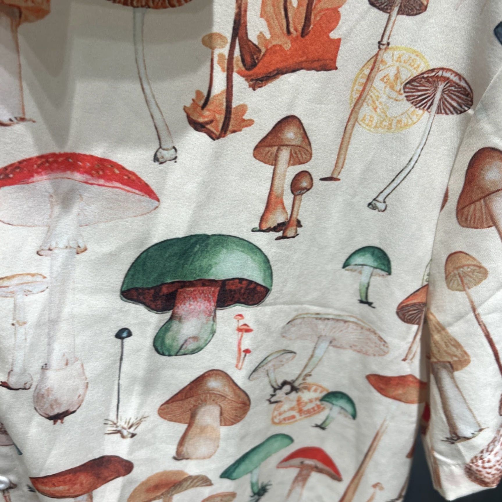 X-LARGE Mushroom Print Short Sleeve Shirt Mens XL Button Up Polyester Retro Satin Multicolor Casual Shirt X-Large Filtration: none Size US XL / EU 56 / 4 - 7 Thumbnail