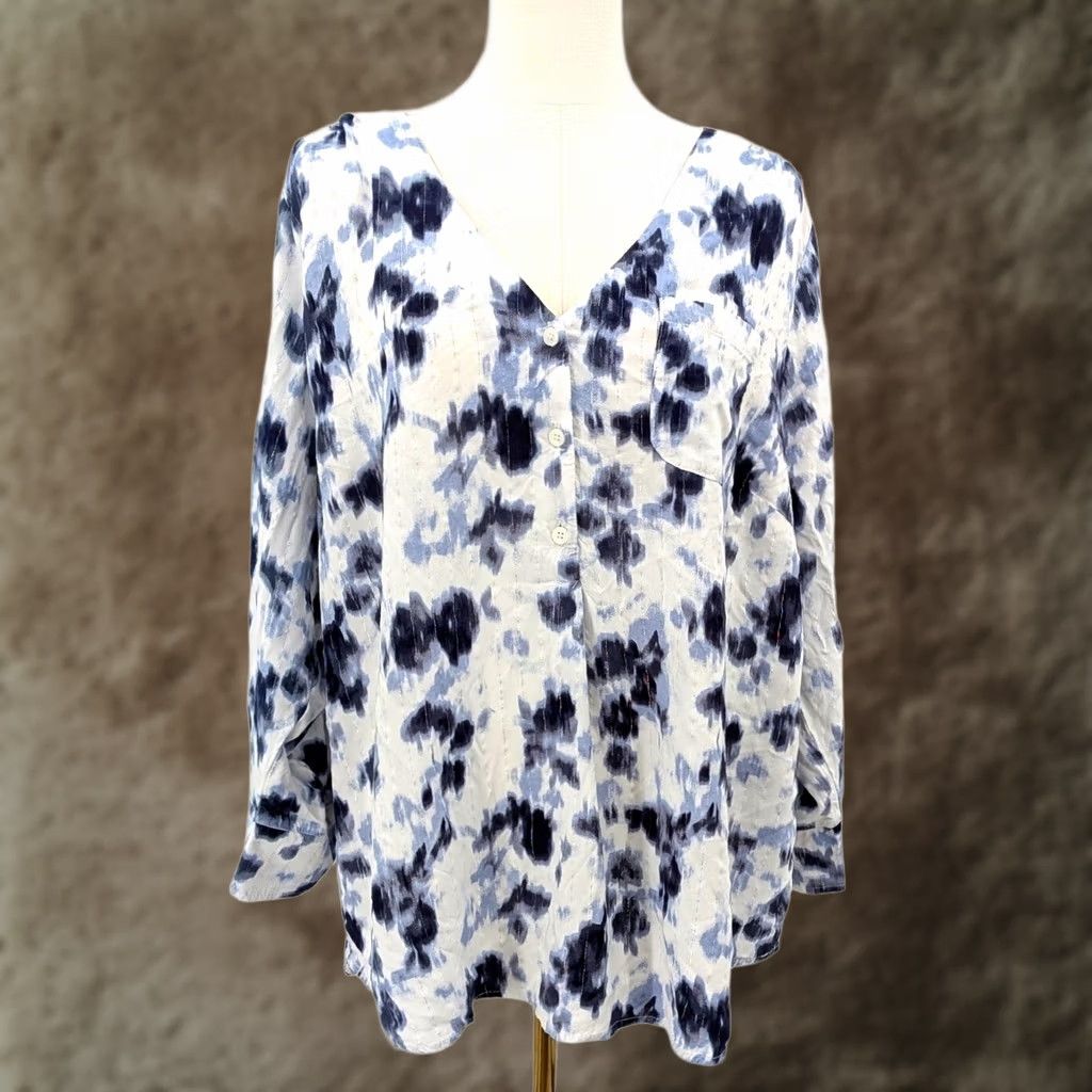 FRED Fred David Blue Floral Rayon Tunic Blouse 2X White Spring Silver Metallic Size XXL / US 16-18 / IT 52-54 - 1 Thumbnail