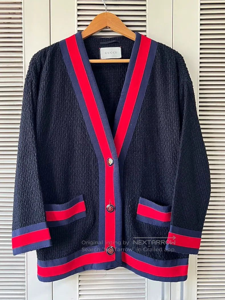 Gucci Black red and blue striped cardigan coat