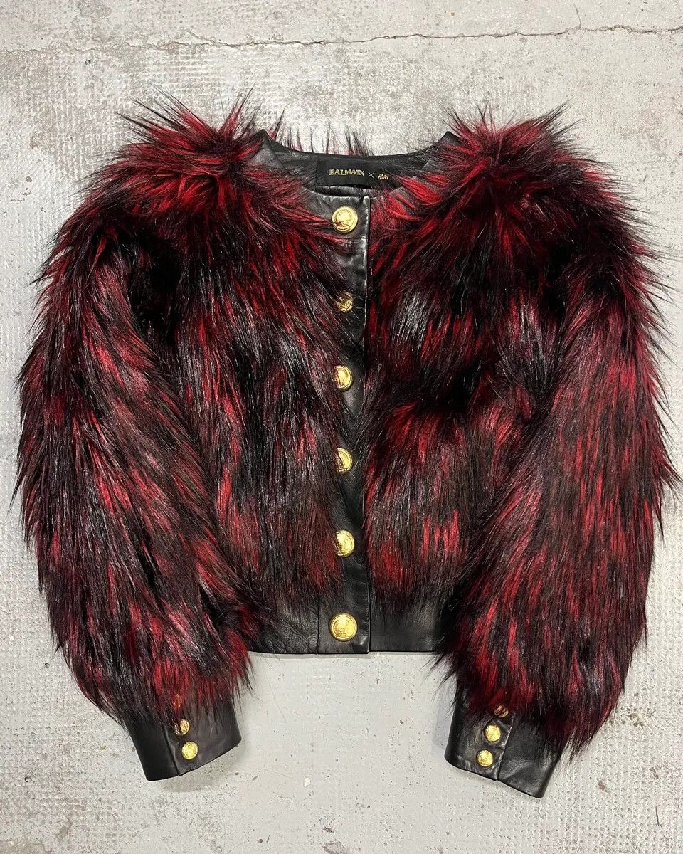 Balmain Balmain H&M Bordeaux & Black Faux Fur Gold Button Jacket Size S / US 4 / IT 40 - 1 Thumbnail