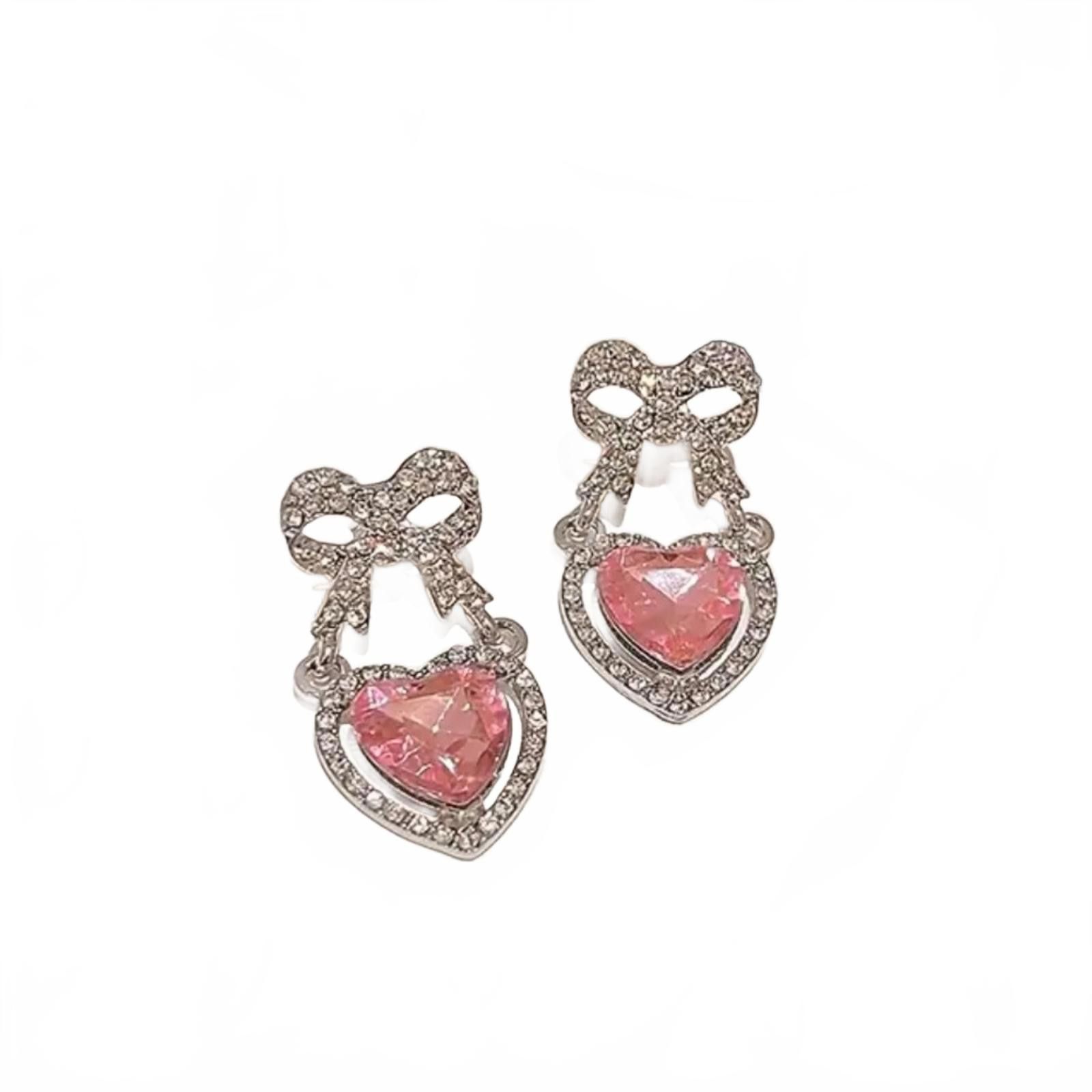 Designer Pink Heart Shape Bowknot Stud Earrings CZ Zircon Size ONE SIZE - 1 Thumbnail