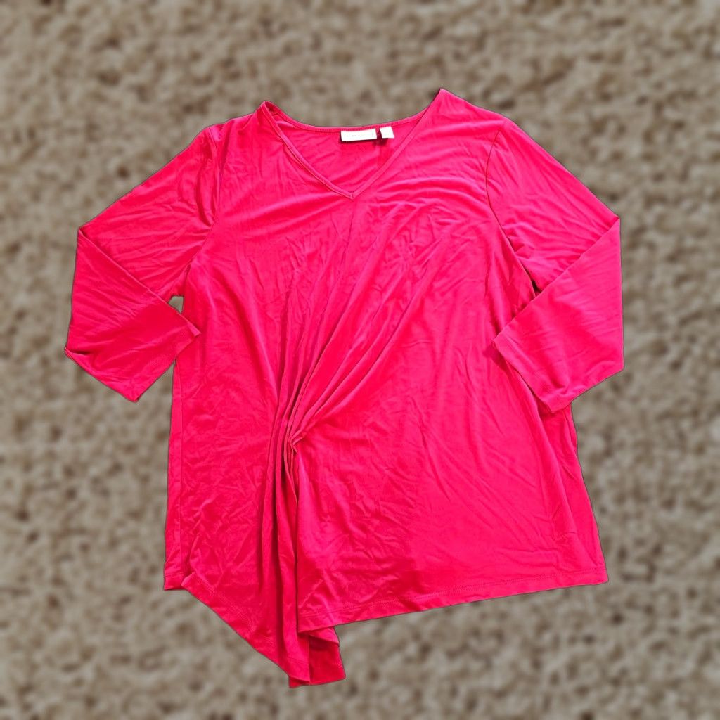 Vintage Susan Graver Blouse Shirt Women XL Pink 3/4 Sleeve V-Neck Ruched Stretchy Slinky Casual Career Mens Womens Size XL / US 12-14 / IT 48-50 - 1 Thumbnail