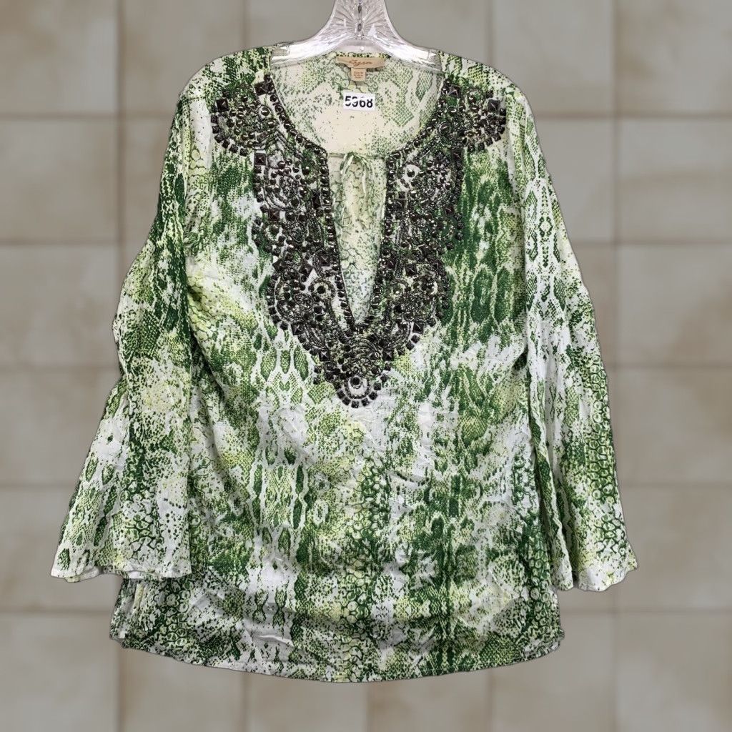 Vintage KYRA Women Tunic Blouse Medium White Green Snakeskin Animal Print Metal Embellishments Bell Sleeve Casual Party Size M / US 6-8 / IT 42-44 - 1 Thumbnail