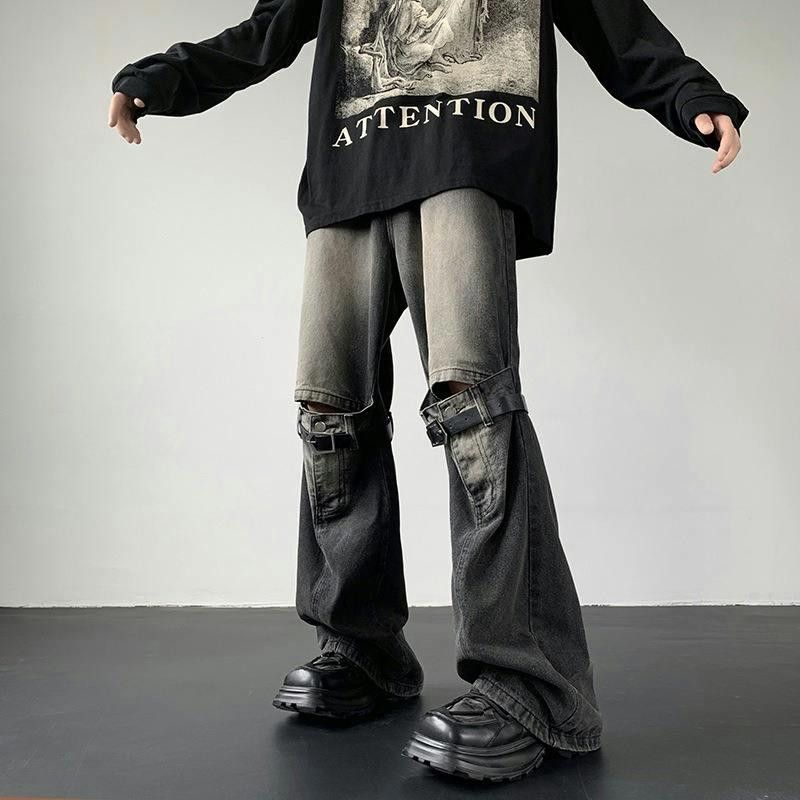 image of Black Cargo Leather Strap Distressed Jeans, Men's (Size 32)