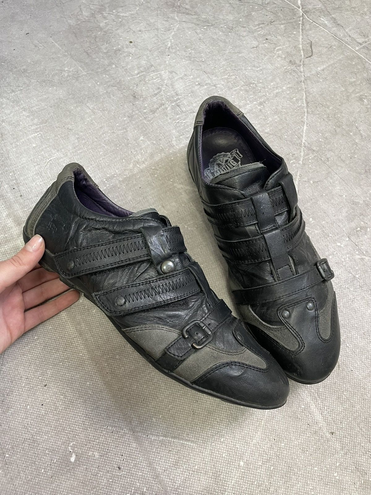 A.S. 98 style black leather strap sneakers biker moto y2k
