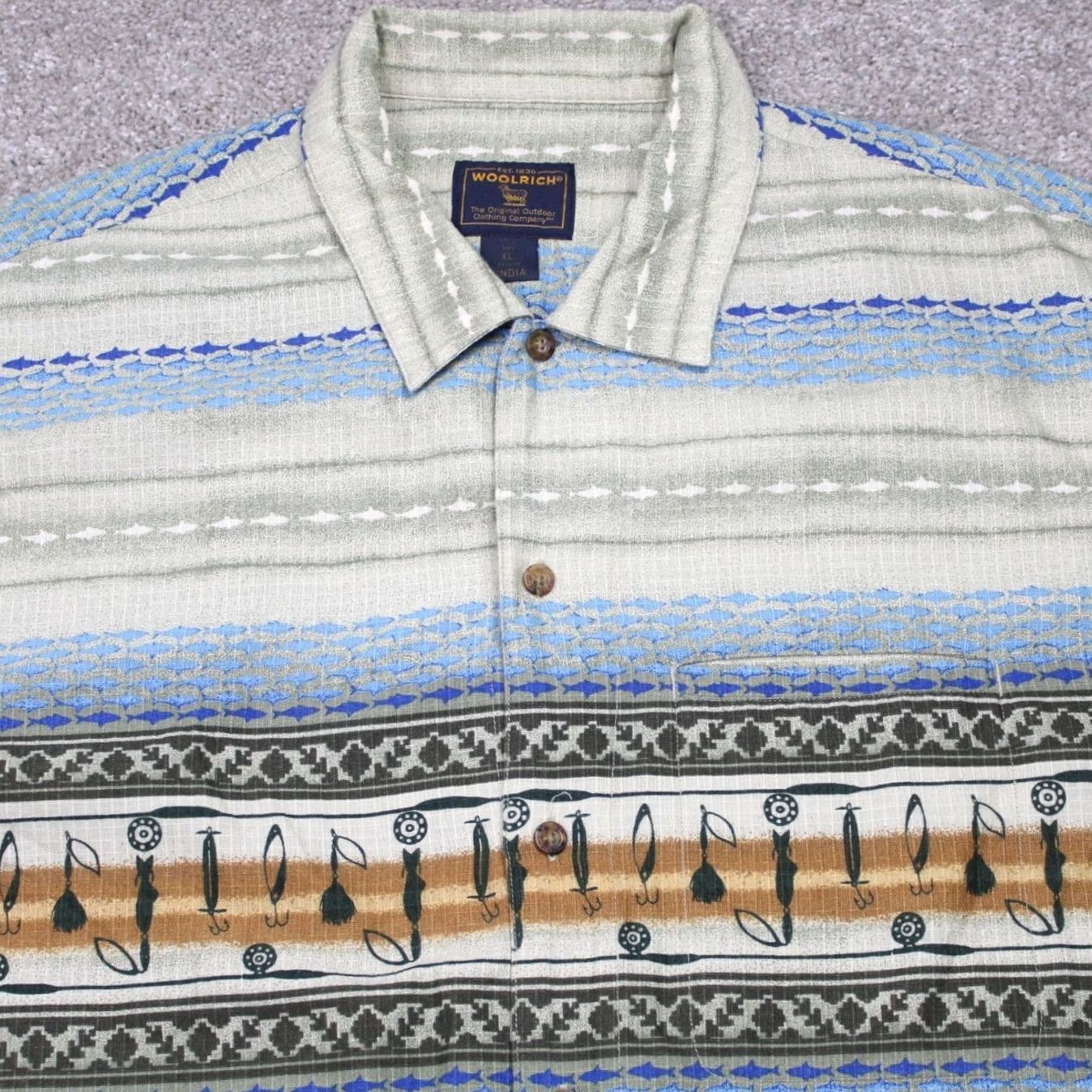 Vintage Woolrich Shirt Mens XL Blue/Green w/ Fishing Lure AOP Cotton S/S Button Up Size US XL / EU 56 / 4 - 2 Thumbnail