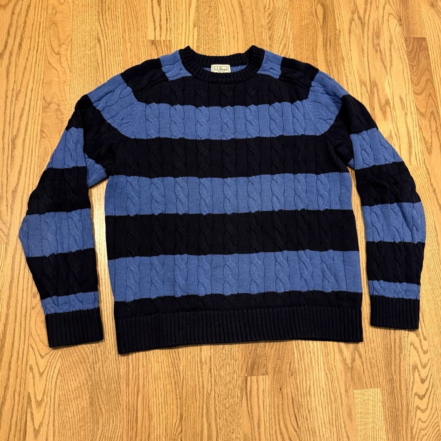 Vintage LL Bean Cable Knit Striped Pullover Sweater Men’s Medium Blue 100% Cotton 285168 Size US M / EU 48-50 / 2 - 2 Thumbnail