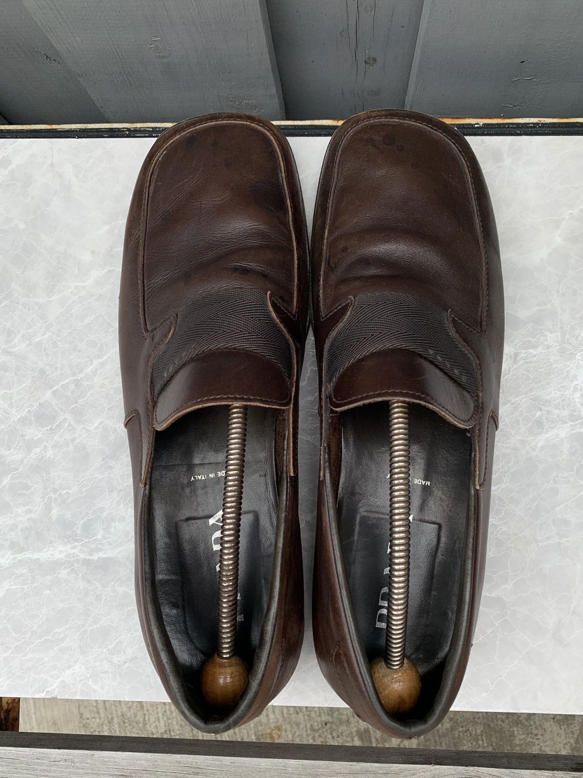 Vintage Prada Loafers Square Toe Leather 90s Mens 10 Slip