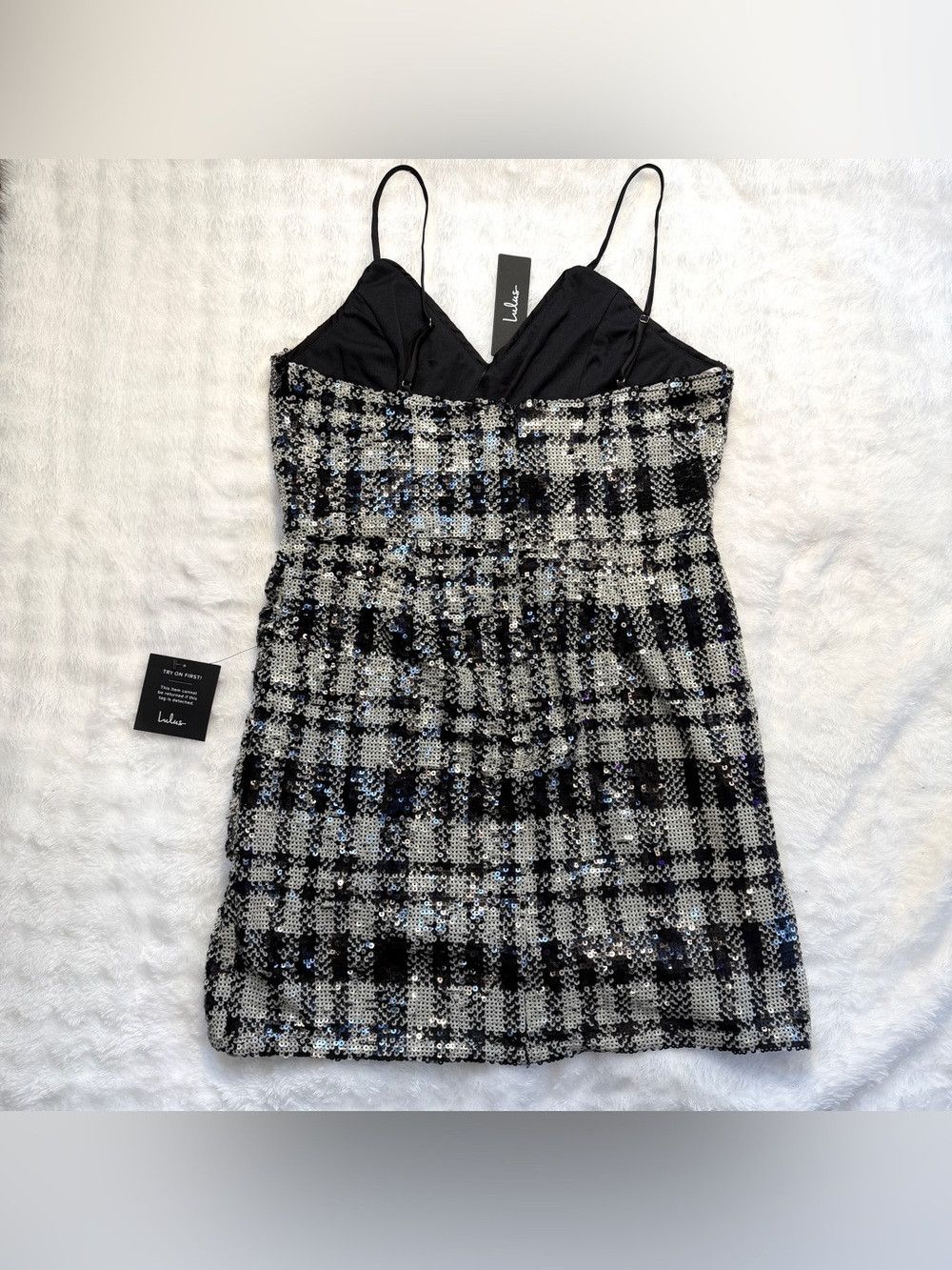 Lulus Plaid My Love Shiny Black/White Plaid Sequin Mini Dress Size L / US 10 / IT 46 - 14 Thumbnail