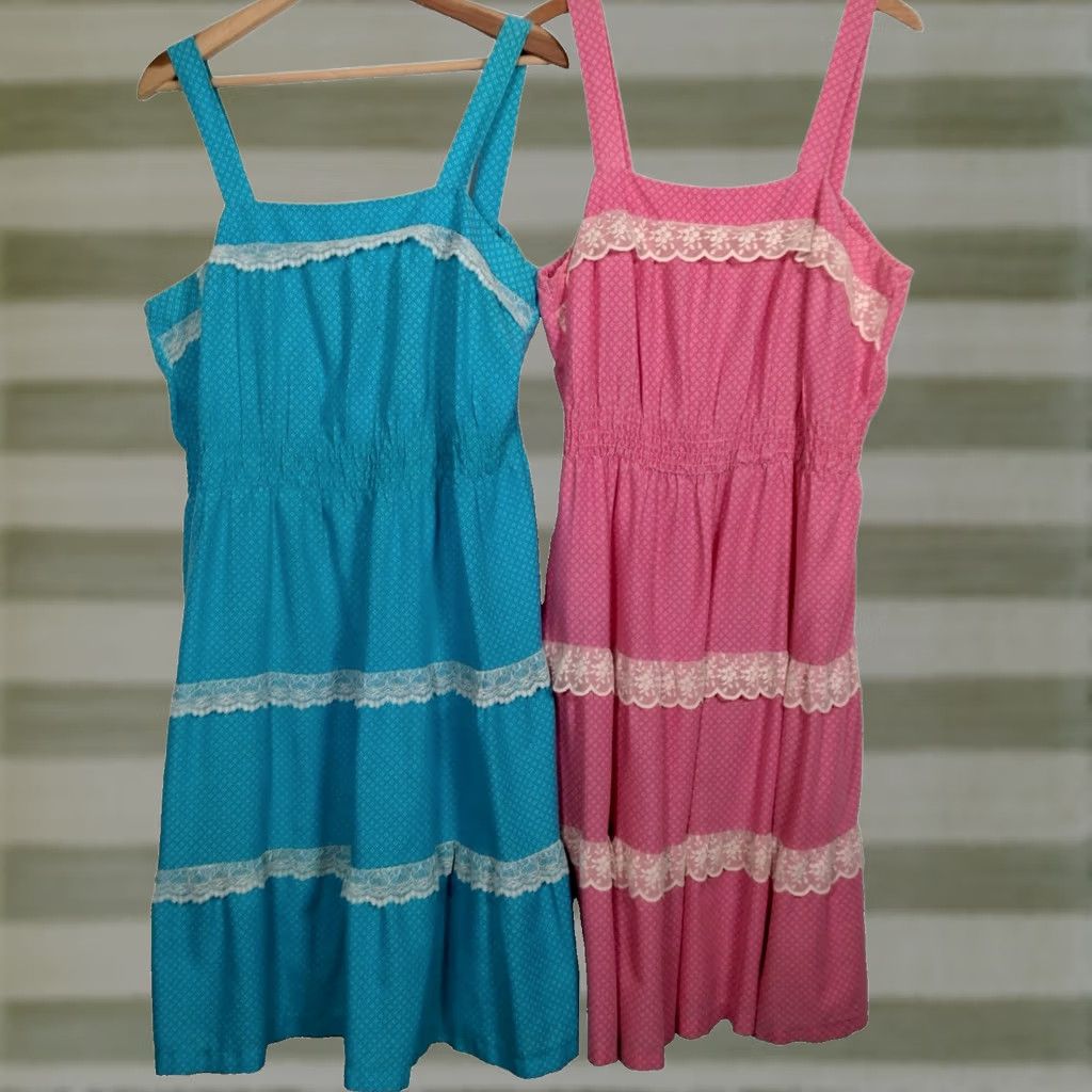 Vintage VINTAGE Peasant Sundress Pair 18 1/2 Sleeveless Blue Pink Lace Hippie Boho Maxi Midi Casual Women Plus Size Dresses Size XXL / US 16-18 / IT 52-54 - 1 Thumbnail