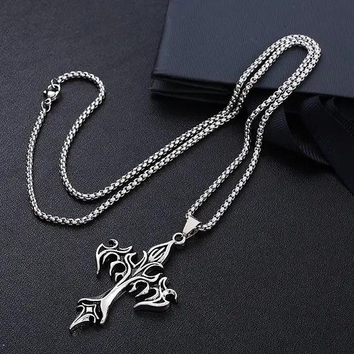 Jewelry Vintage Flame Cross Pendant Necklace Long Chain Punk Gothic Size ONE SIZE - 3 Thumbnail