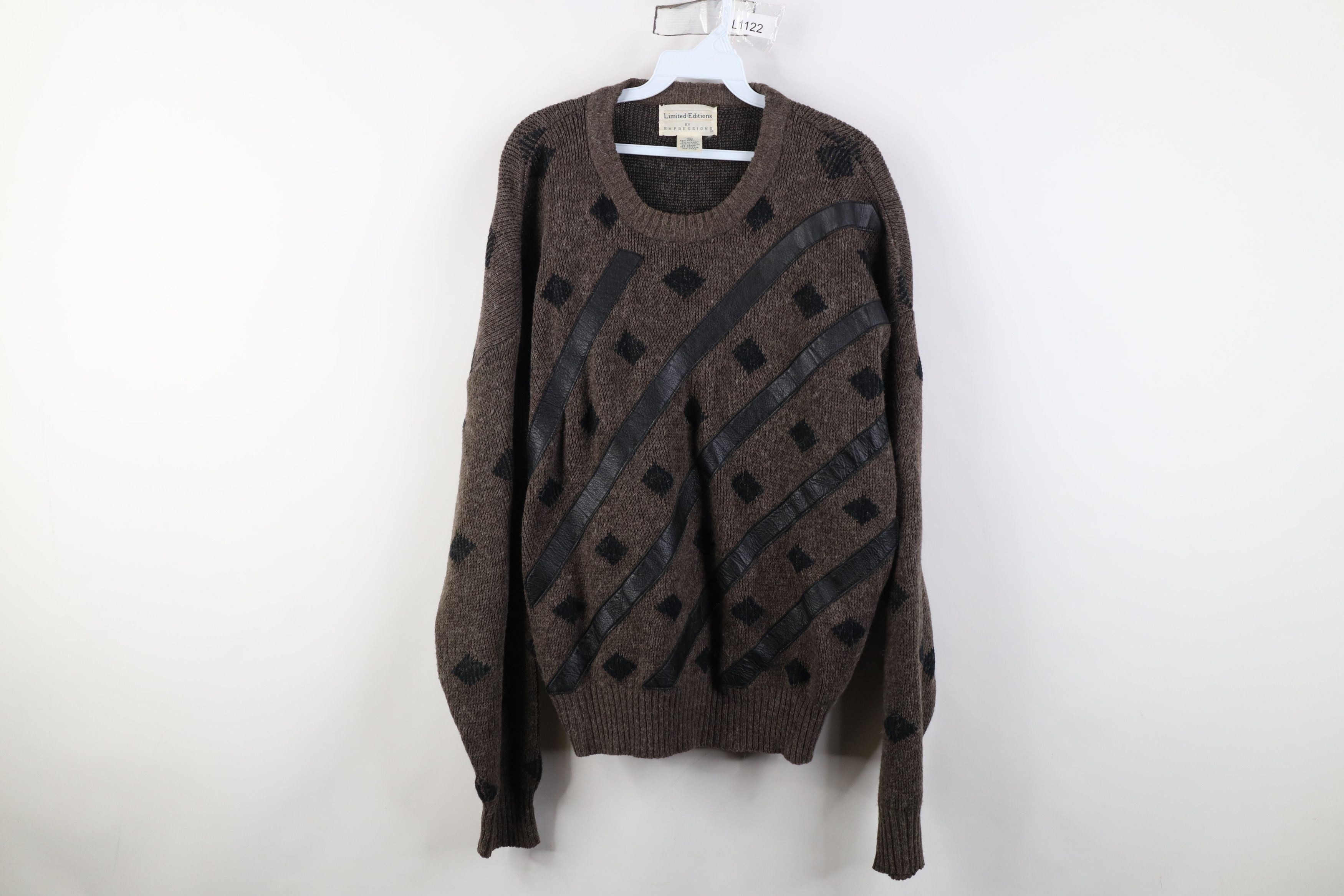 Vintage Vintage 90s Streetwear Leather Trim Knit Crewneck Sweater Size US XL / EU 56 / 4 - 1 Thumbnail