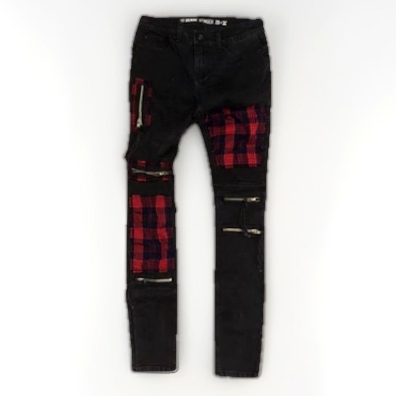 Hot Topic VINTAGE Hot Topic Stinger Jeans Denim Patchwork Plaid Zipper Black Red 28x32 Punk 90s 80s Mens Slim) Size US 28 / EU 44 - 2 Thumbnail