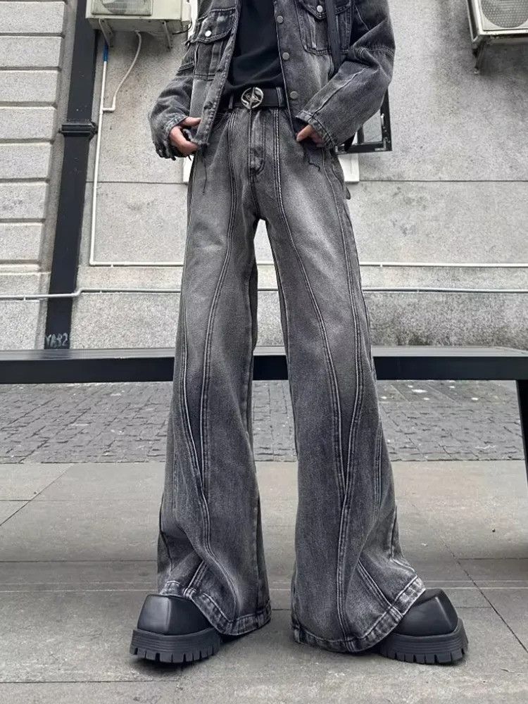 Y2K Streetwear Washed Grey Baggy Stacked Flare