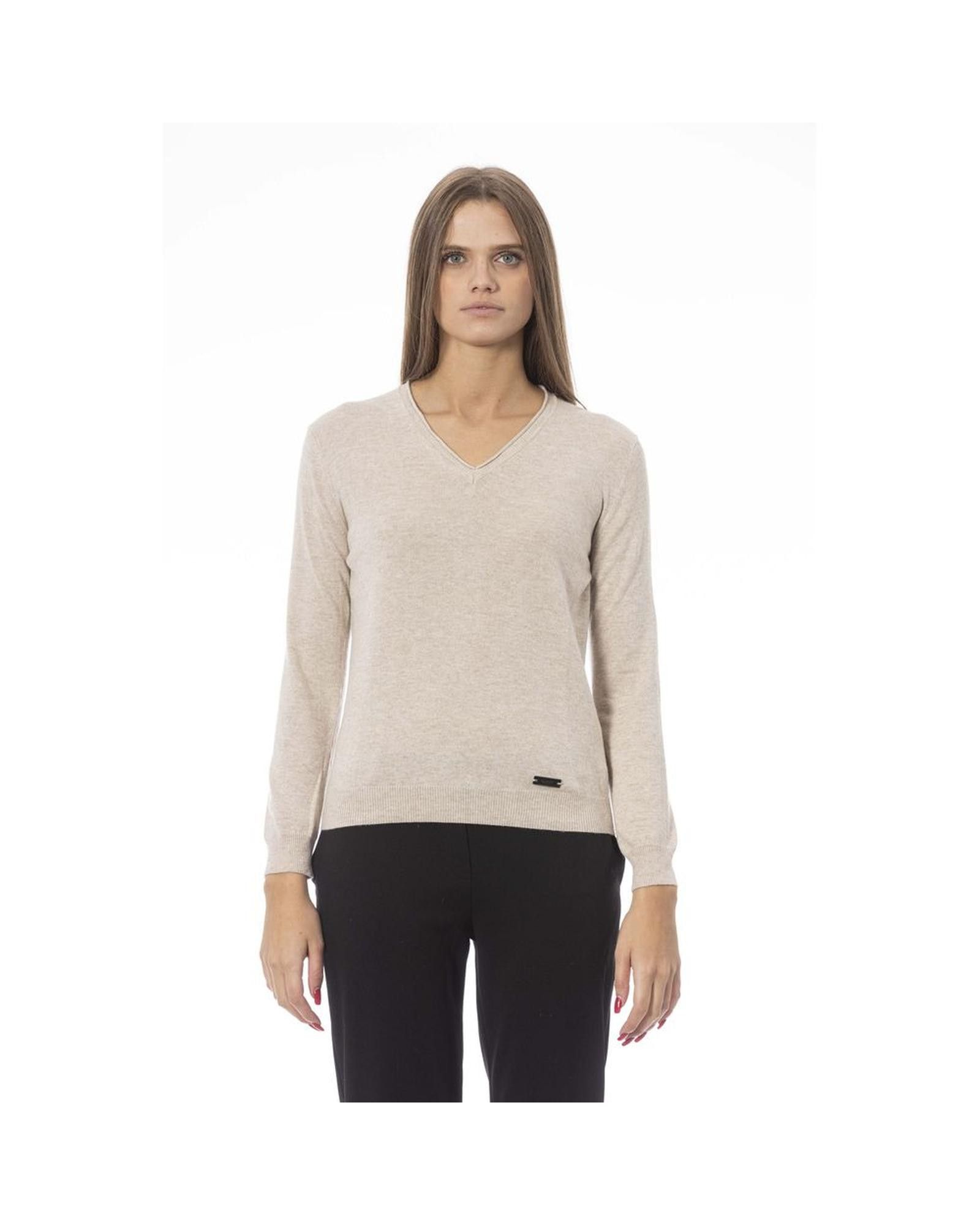 image of Baldinini V-Neck Ribbed Knit Sweater in Beige, Women's (Size XL)